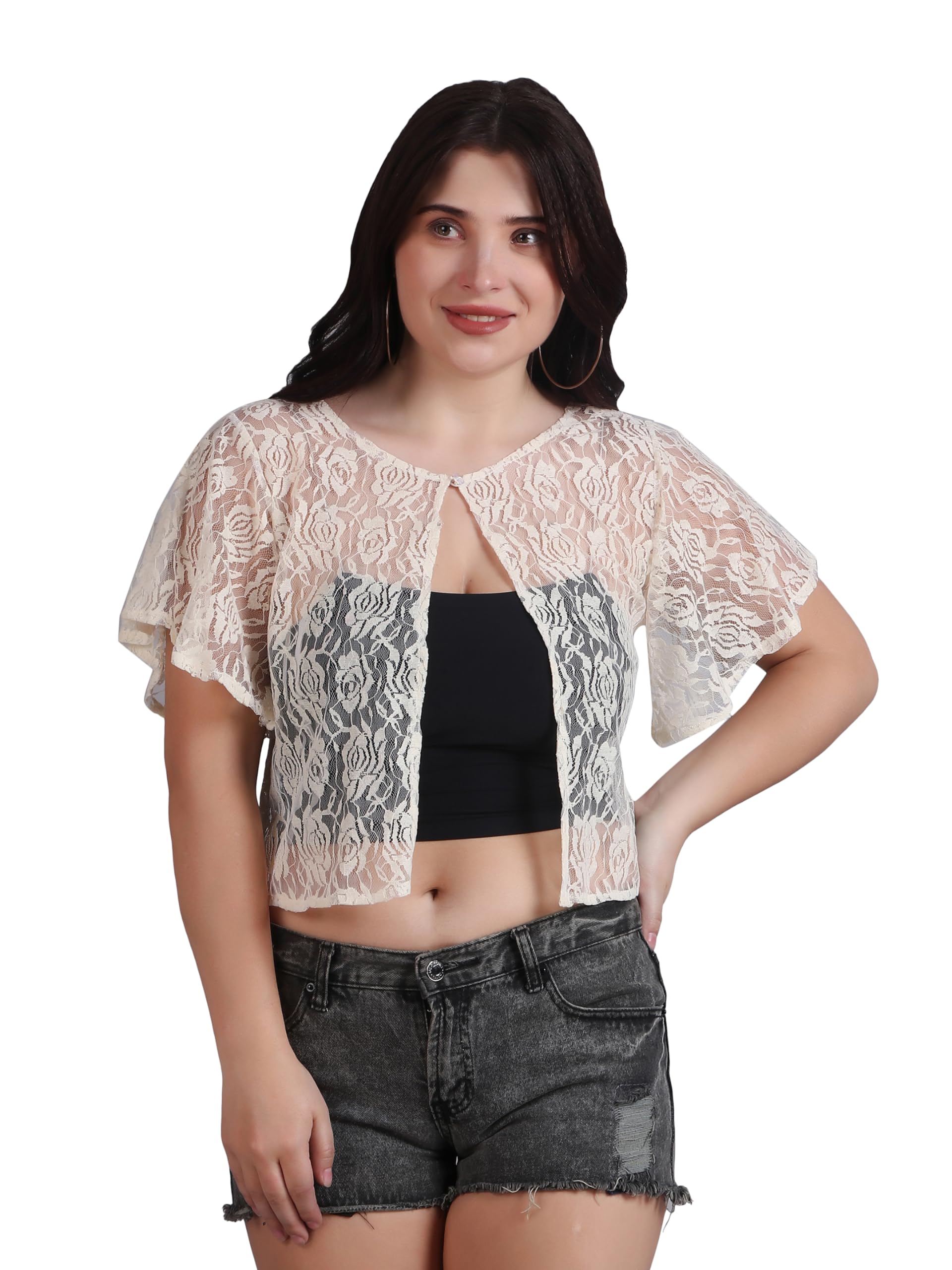 fineme Women Self Design Cotton Lace Round Neck Flared Sleeves Shrug | Front Open, Button Closure-picture-36