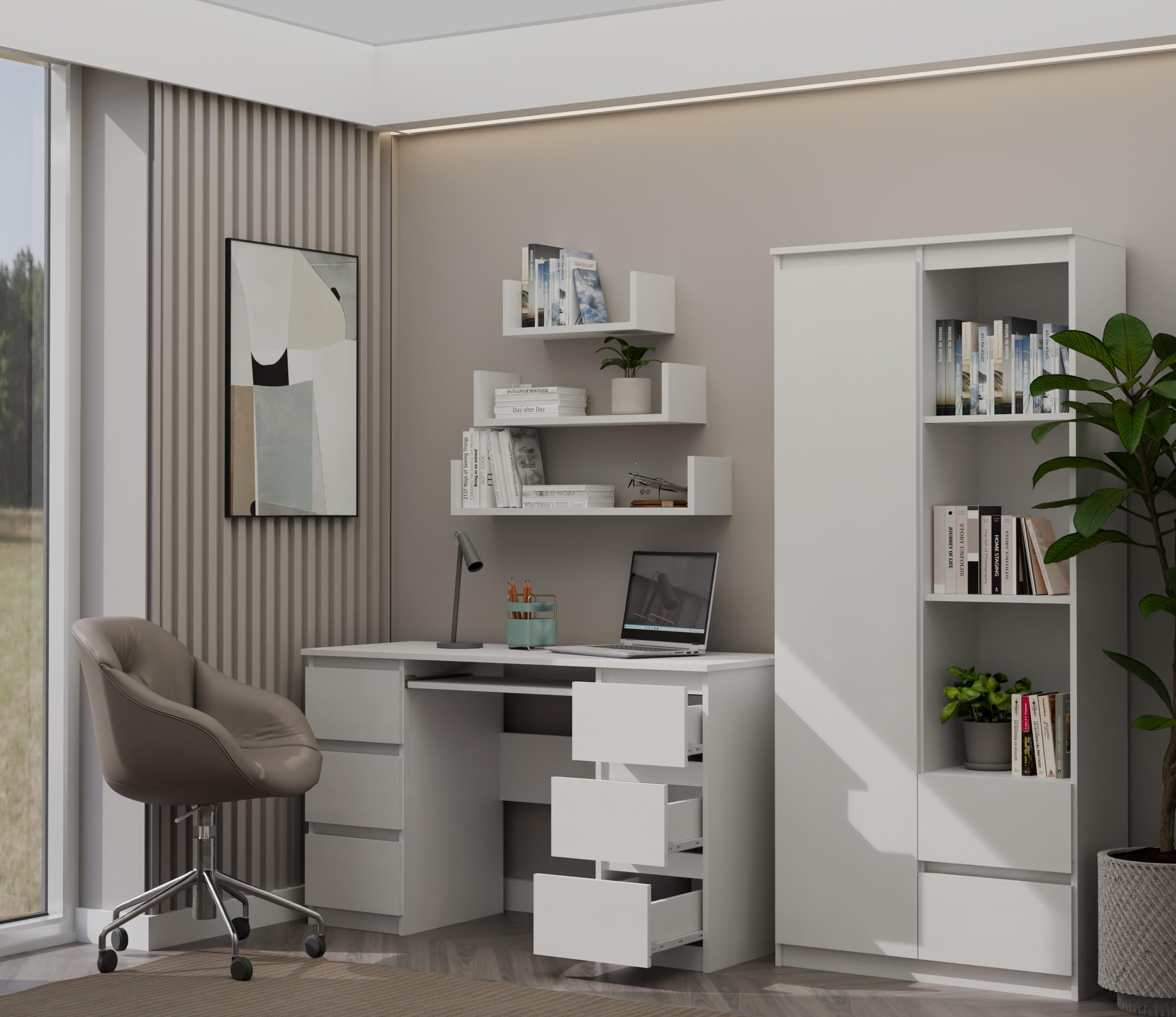 CDF Bureau avec Rangement 130x51x76 cm - Blanc Mat - 3 Tiroirs et Étagères