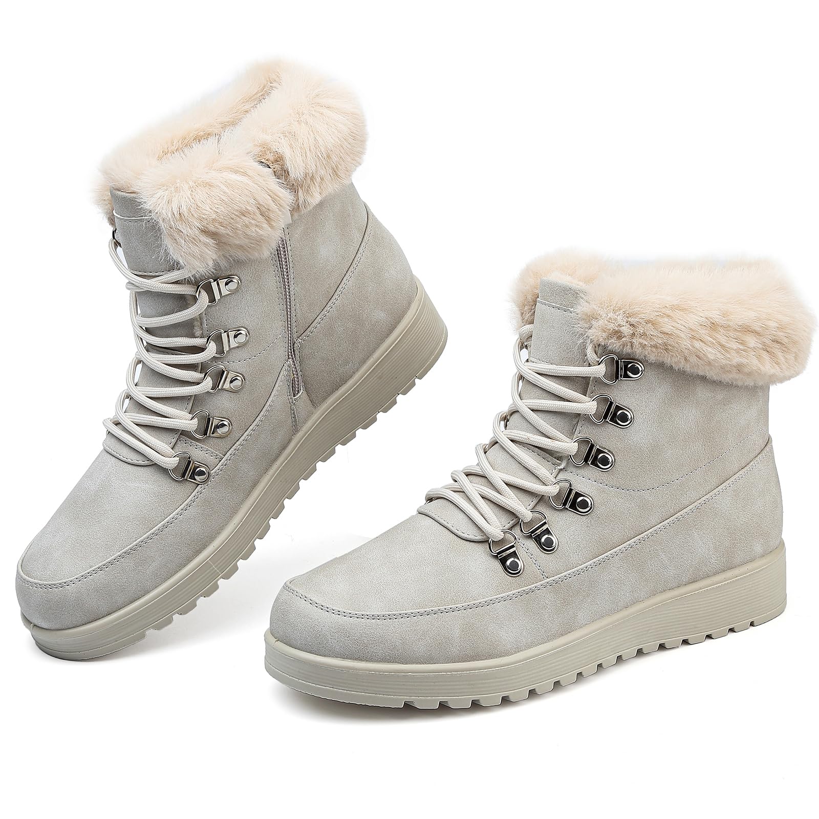 Womens Snow Boots Waterproof Leather Fur Lined Winter Warm Boots for Women Comfortable Platform Lace up PU Fashion Ankle Booties