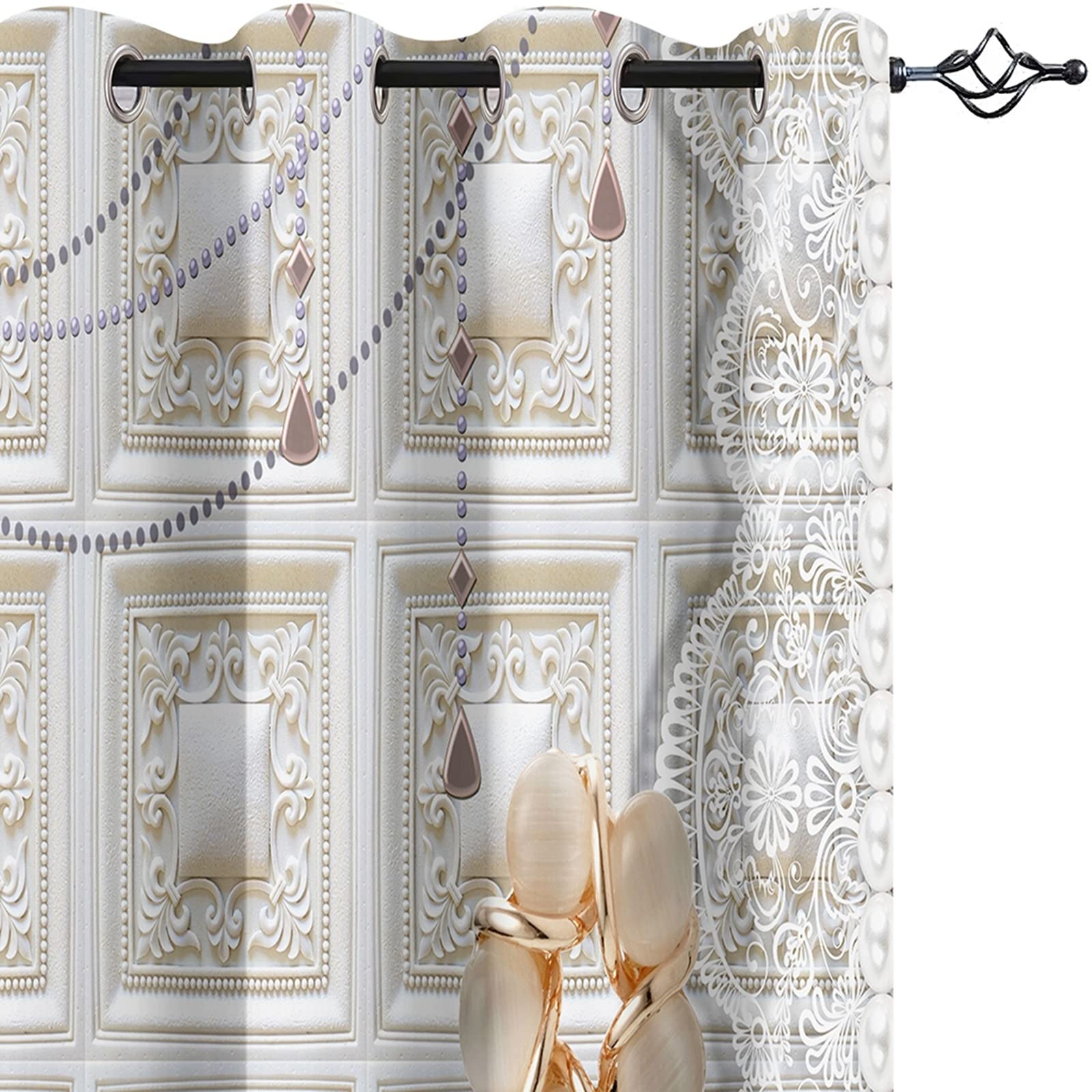 AMDXD Rideau Baie Vitrée Beige, Rideau Occultant Diamant Gemme Fleur Plaid Couture Rideau Polyester 264x115cm