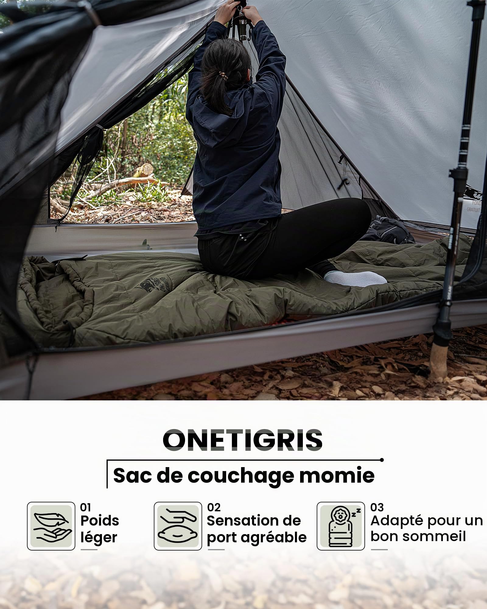 OneTigris Sac de couchage d'extérieur - Petit format une fois replié - 3 saisons - 8 °C à 15 °C - Ultra léger et compact - Pour camping, voyage, randonnée - Vert