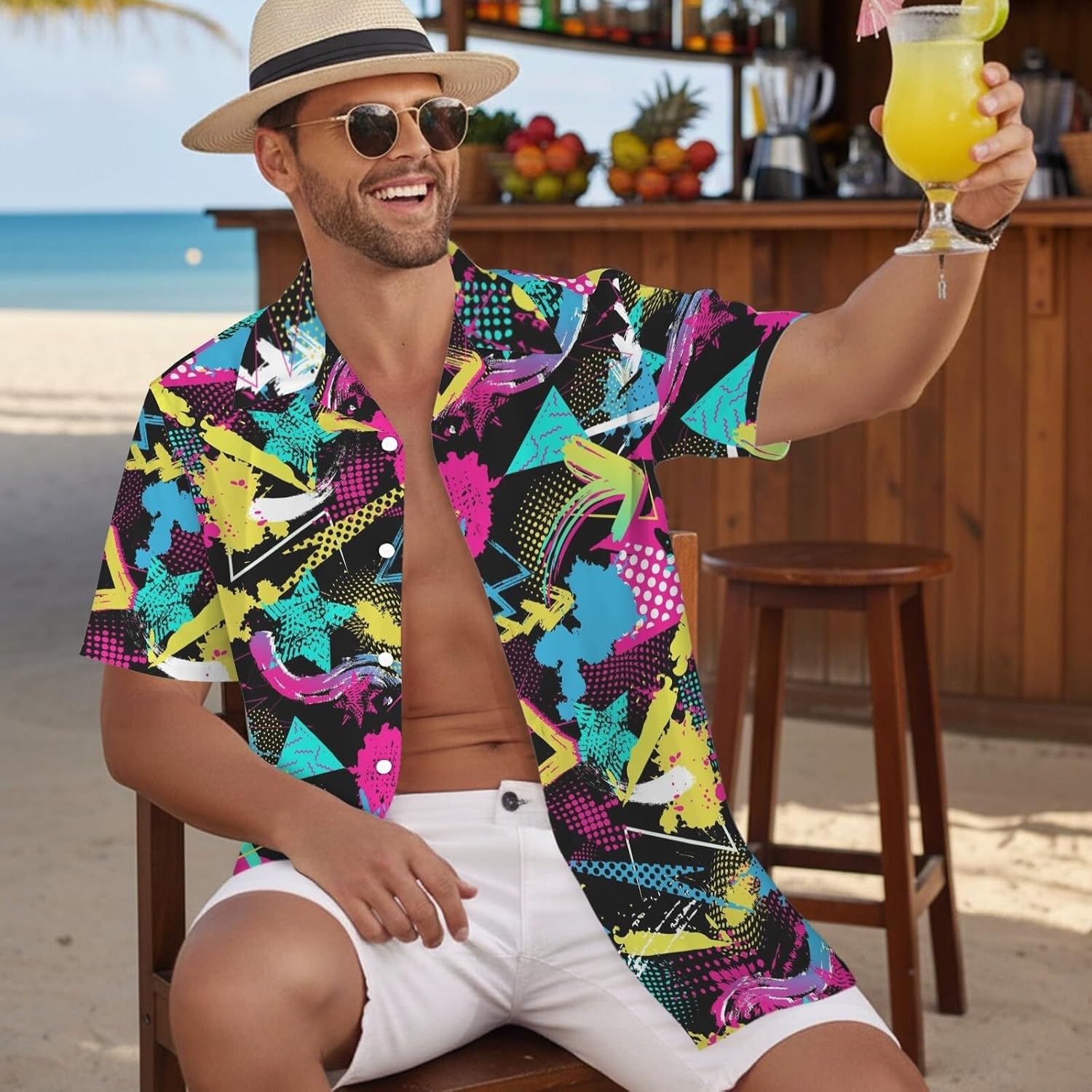 Neon 80s 90s Hawaiian Shirts for Men Tropical Rave Glow Party