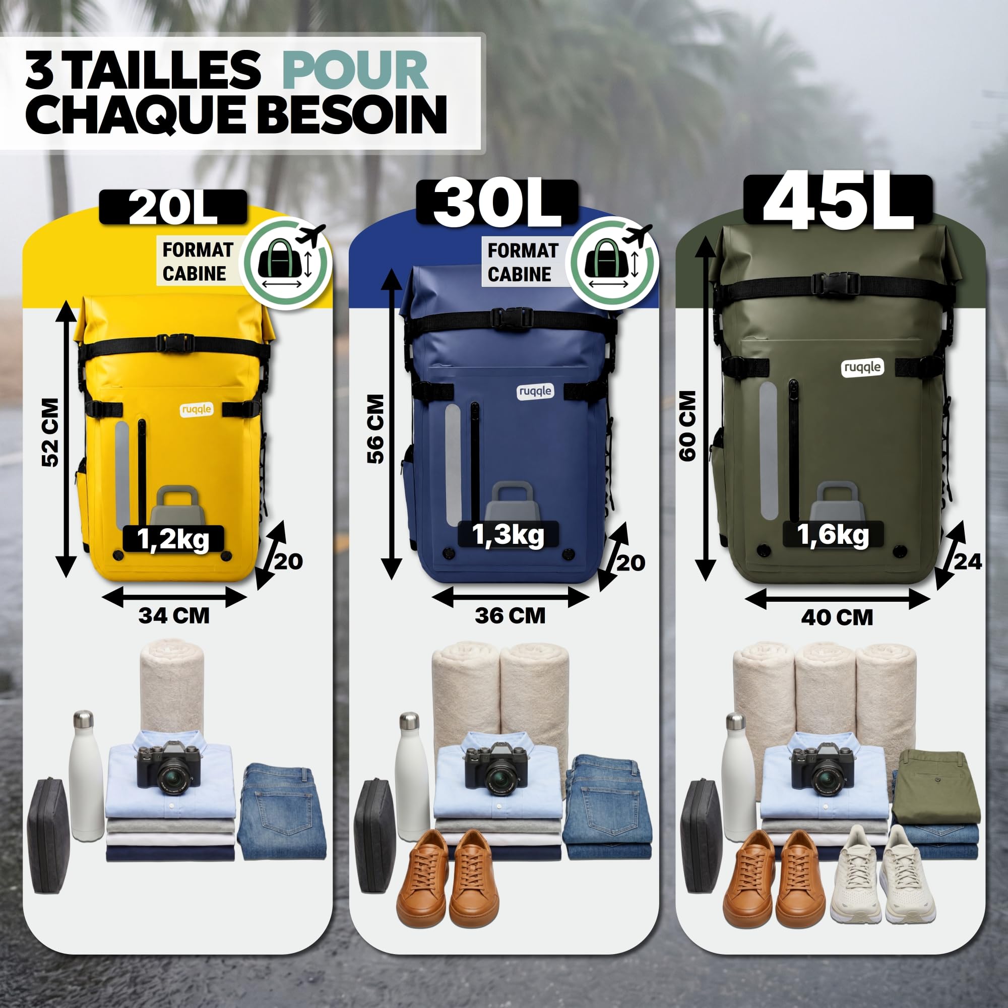 Ruqqle Sac étanche Polyvalent, Waterproof Dry Bag 20/30/45L, 3 Poches externes, Sac à Dos Confort imperméable idéal Voyage Plage Mer Bateau Canoë Paddle Kayak Moto Randonnée Camping Pêche Loisirs