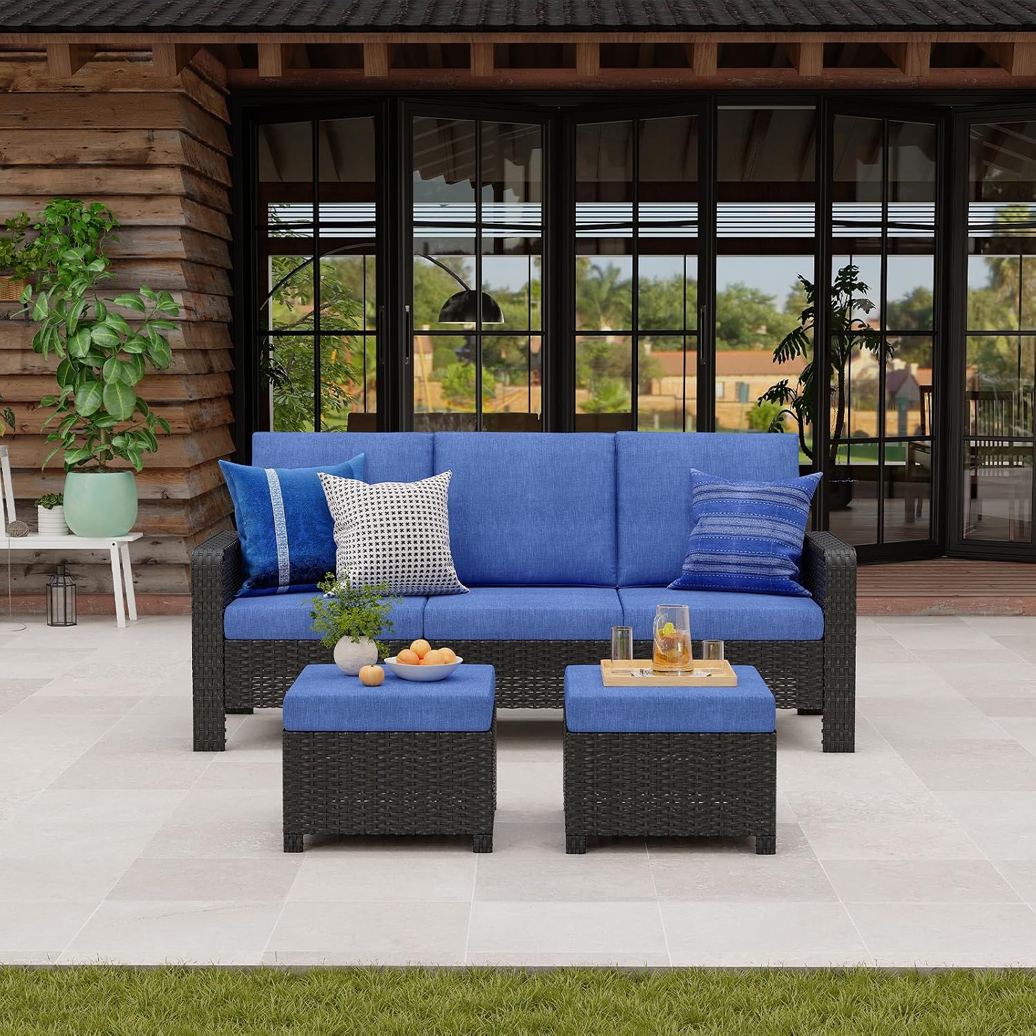 Wicker Patio Furniture Set - 3 Piece Rattan Outdoor Sectional Conversation Set with 1 Sofa and 2 Ottomans for Backyard Porch and Garden