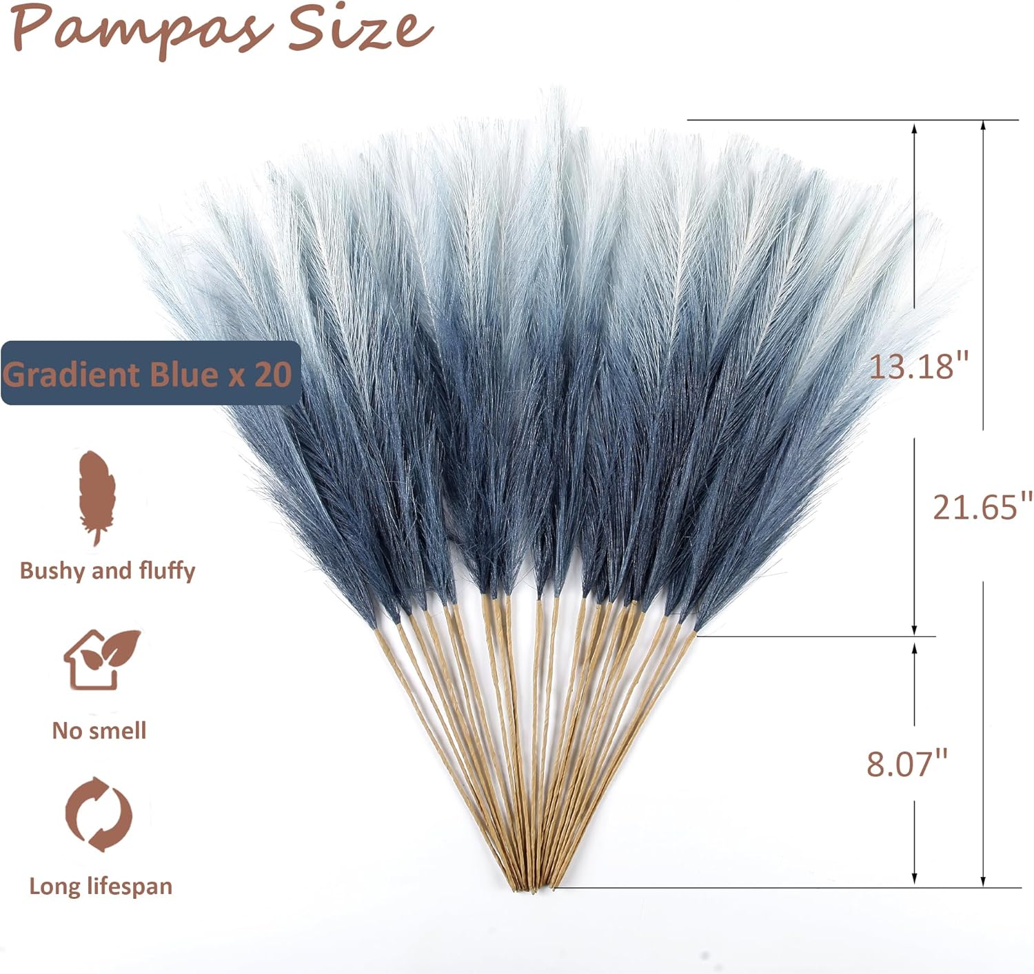 20Pcs Navy Blue Gradient and White Faux Pampas Grass Decor, 21.7 Pompas Grass Flower Arrangement and Vase Filler for Boho Home Wedding Decoration, Black