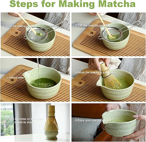 Miniatura 7 de Juego de batidor de matcha verde, kit de té japonés con batidor y cuchara de bambú, Chawan de cerámica con boquilla para ceremonia de té