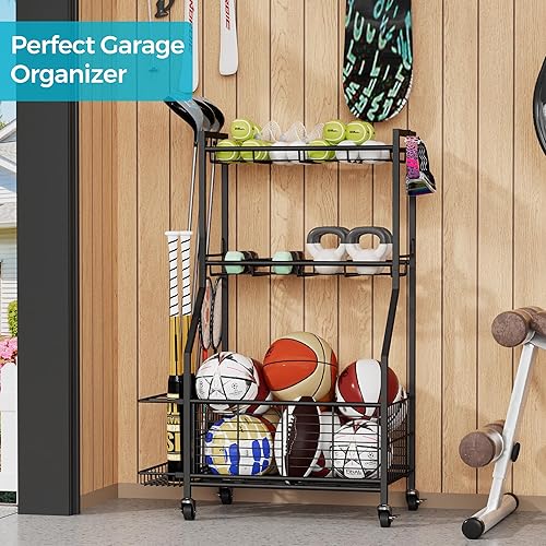 Miniatura 3 de Equipo deportivo y estante de almacenamiento de juguetes con ruedas, organizador de bolas de 3 niveles para bolas, raquetas y equipo deportivo, gran