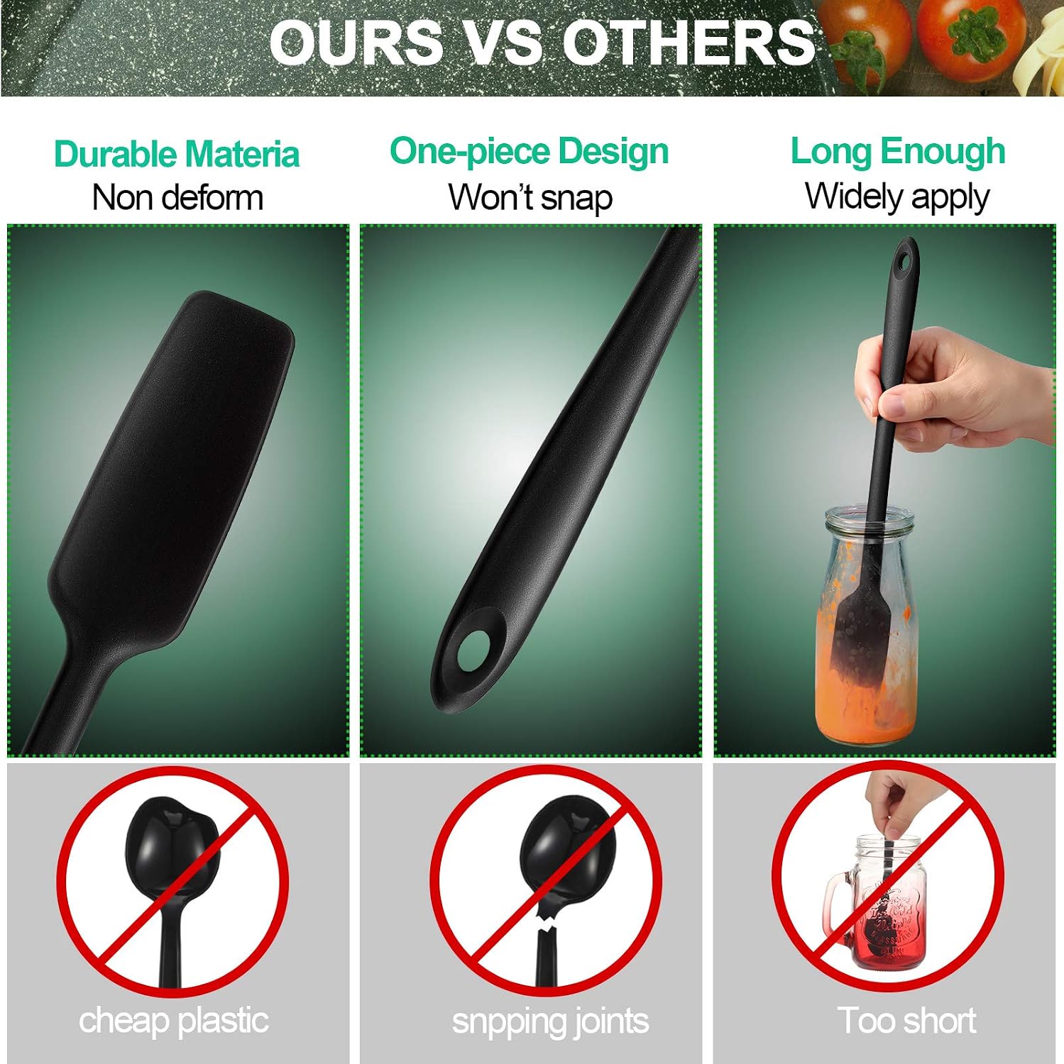 Long Handle Silicone Jar Spatula Kitchen Scraper Spatula Non-Stick Rubber Scraper Silicone Scraper for Jars, Smoothies, Blenders Cooking Baking Stirring Mixing (Black,2 Pieces)