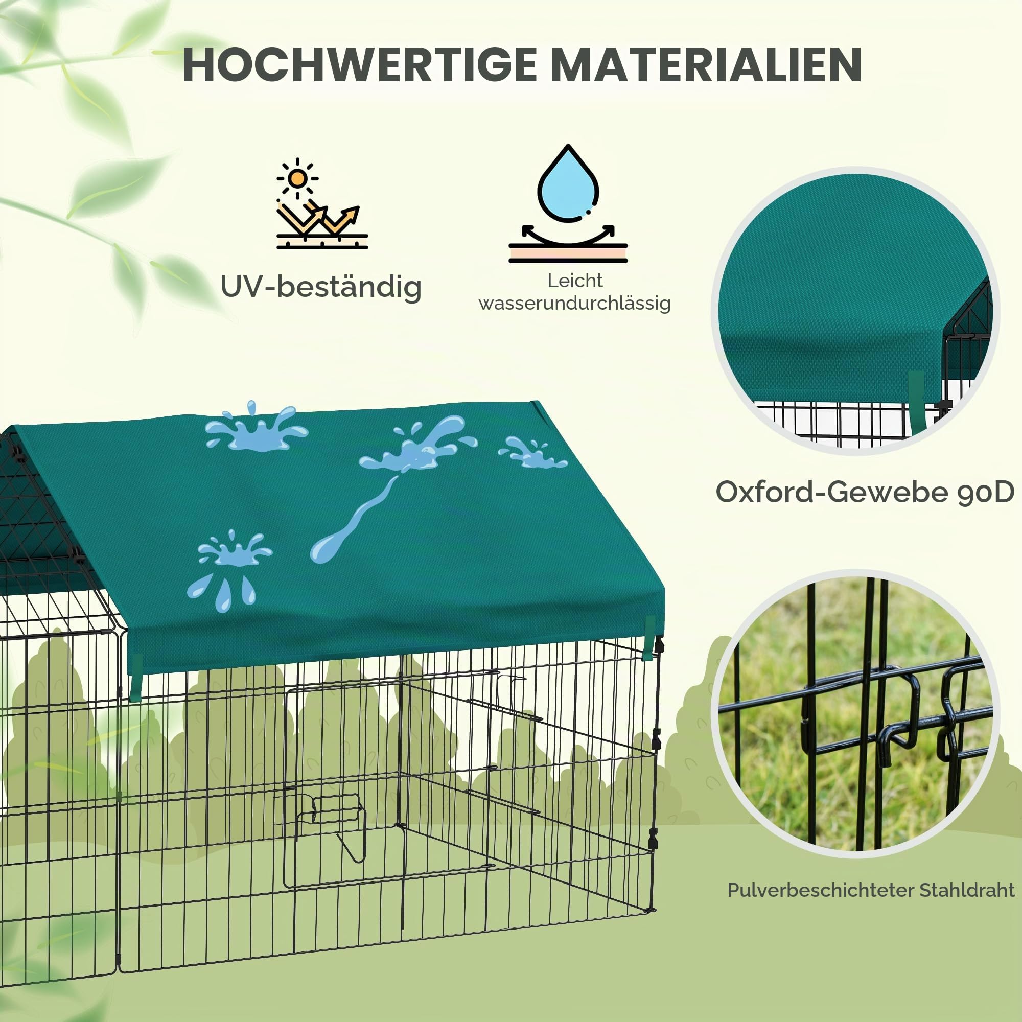 PawHut Freilaufgehege für den Außenbereich, 185 x 75 x 75 cm, Stahlstruktur mit 4 verschließbaren Türen und Schutz vor Sonnenblende, Dach, geeignet für Meerschweinchen, Schildkröten, Hühner, Nagetiere