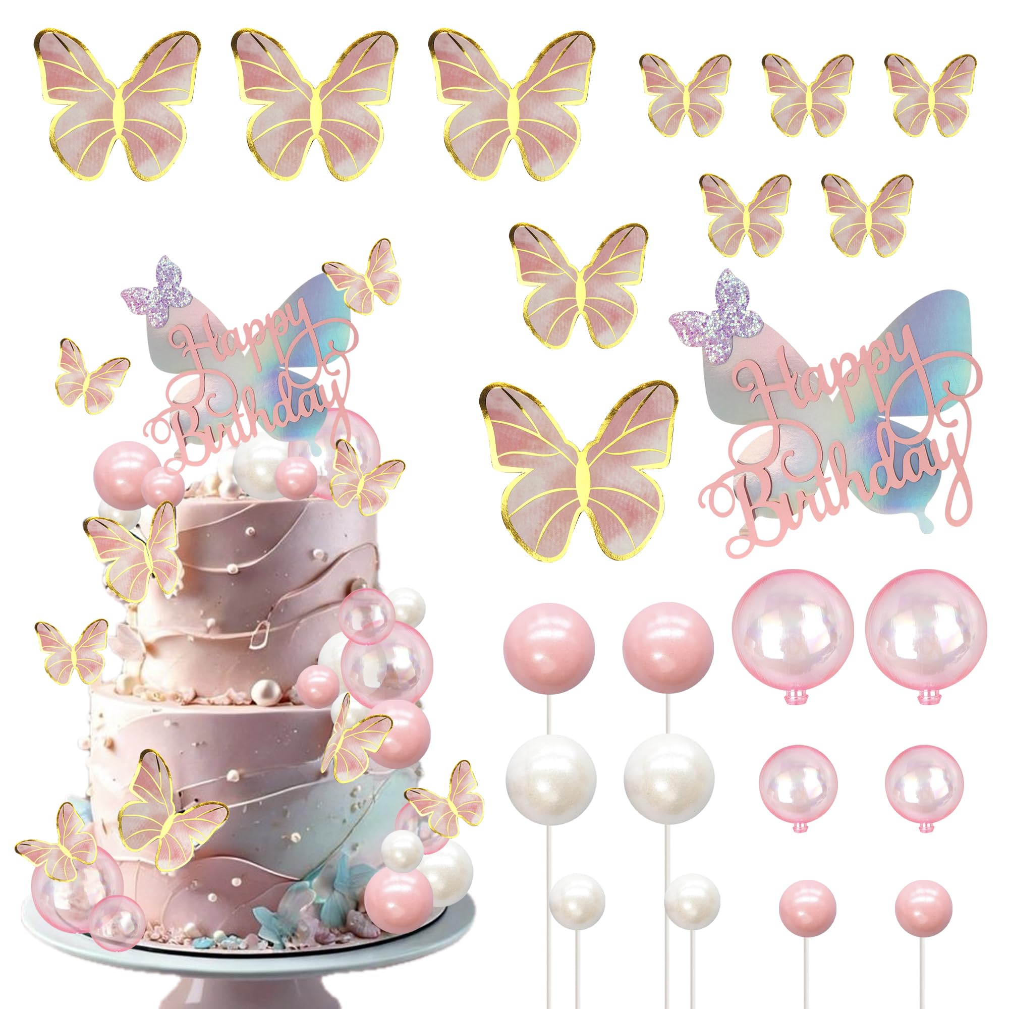 Pack of 23 Butterfly Cake Decorations Golden Pink Ball Cake Decoration Pretty Happy Birthday Butterflies Cake Toppers for Baby Shower Wedding Birthday Party Cake Decorations Pink