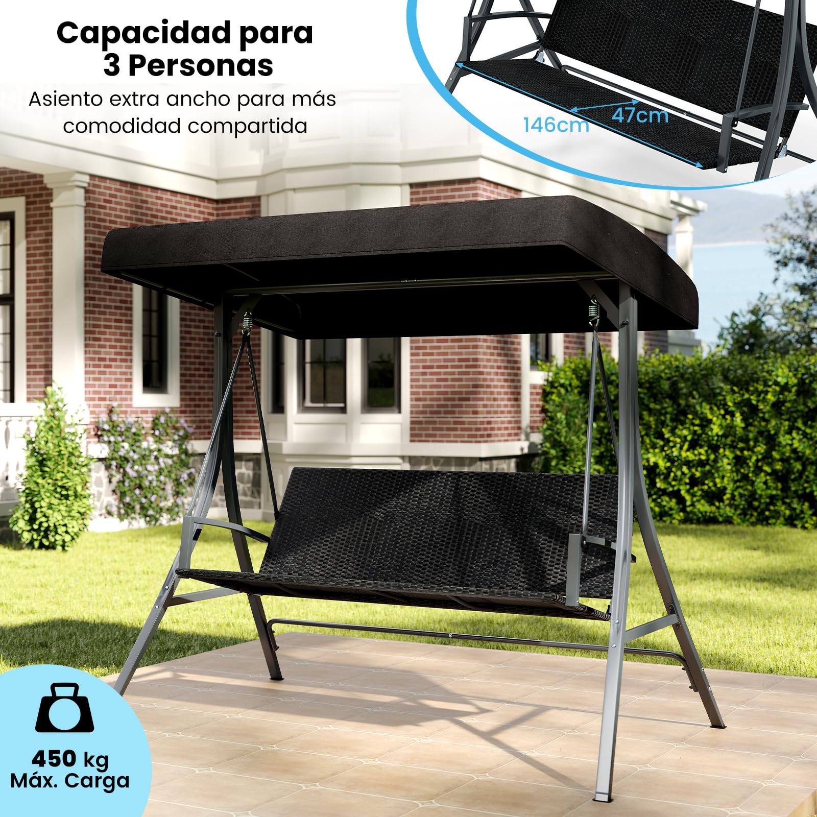 COSTWAY Balancin Jardin Exterior de 3 Plazas, Techo Ajustable, Respaldo de Asiento de Ratán, Estructura Metálica, Columpio Jardin Exterior Porche Patio Trasero, 121 x 145 x 176 cm, Carga 450kg