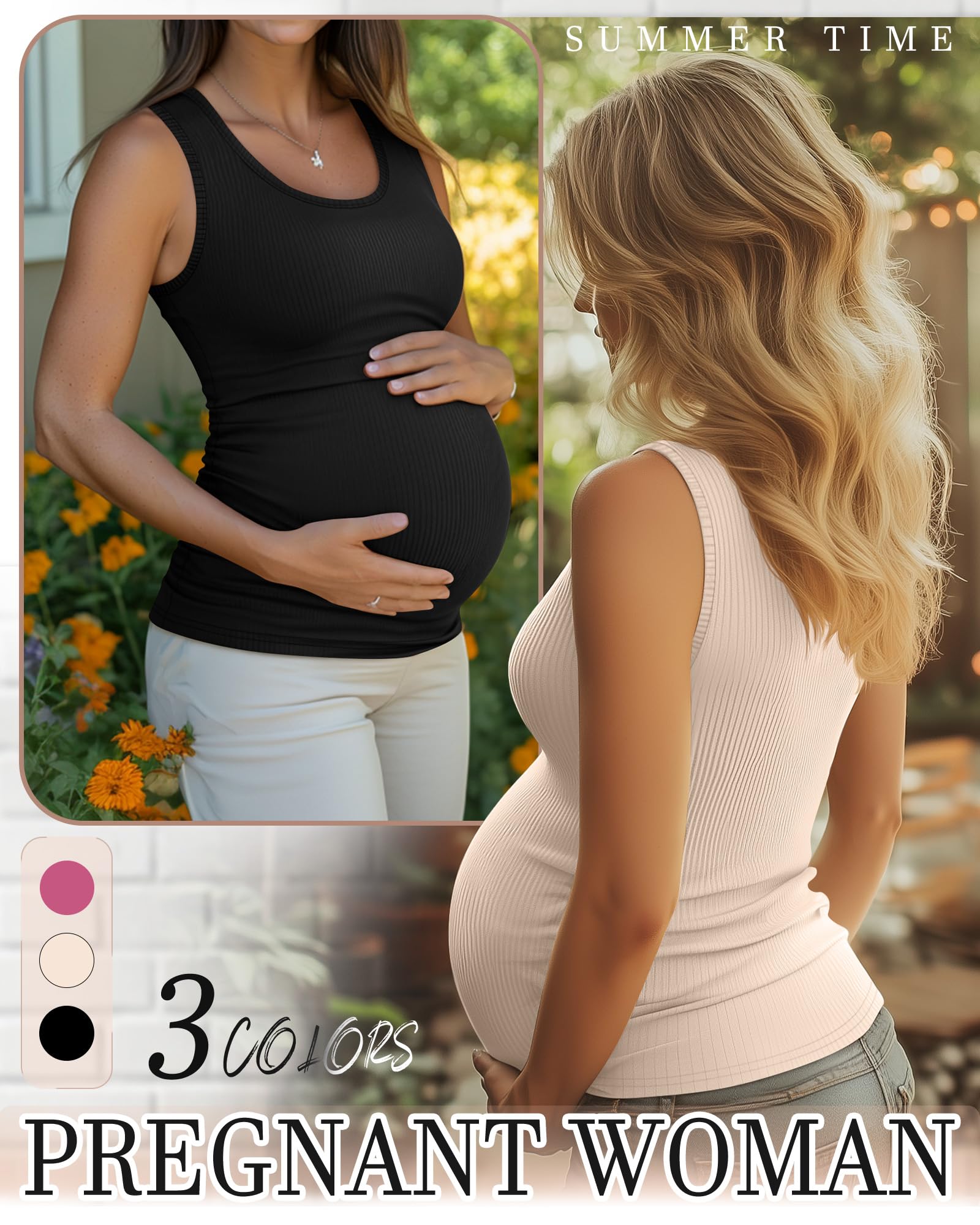 Riyiper Confezione da 3 Canotte Premaman da Donna, Senza Maniche, in Cotone, con Lati in Maglia a Coste e Arricciate