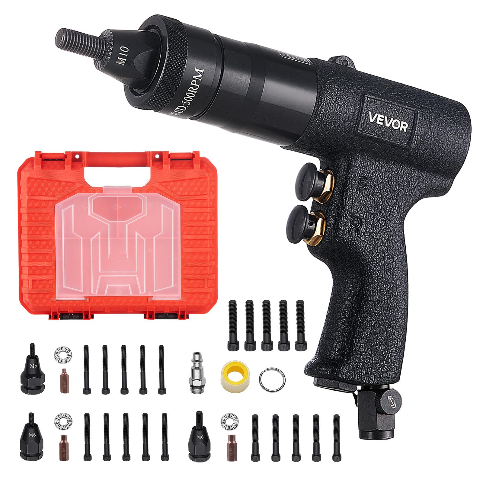 VEVOR Kit Rivettatrice Pneumatica per Inserti Filettati, 20 Pezzi Mandrini | Mandrini M5 M6 M8 M10, Forza di Trazione 1134 kg, Interruttore Avanti/Indietro, per Auto, Edilizia e Produzione Industriale