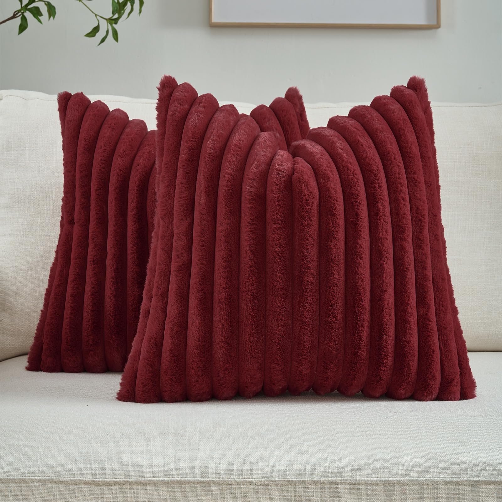 FUTEI Paquete de 2 fundas de cojín de felpa de pelo sintético liso, 24 x 24 pulgadas, suaves, esponjosas, a rayas, decorativas, europeas, modernas, rústicas, para sofá, cama, sala de estar, color