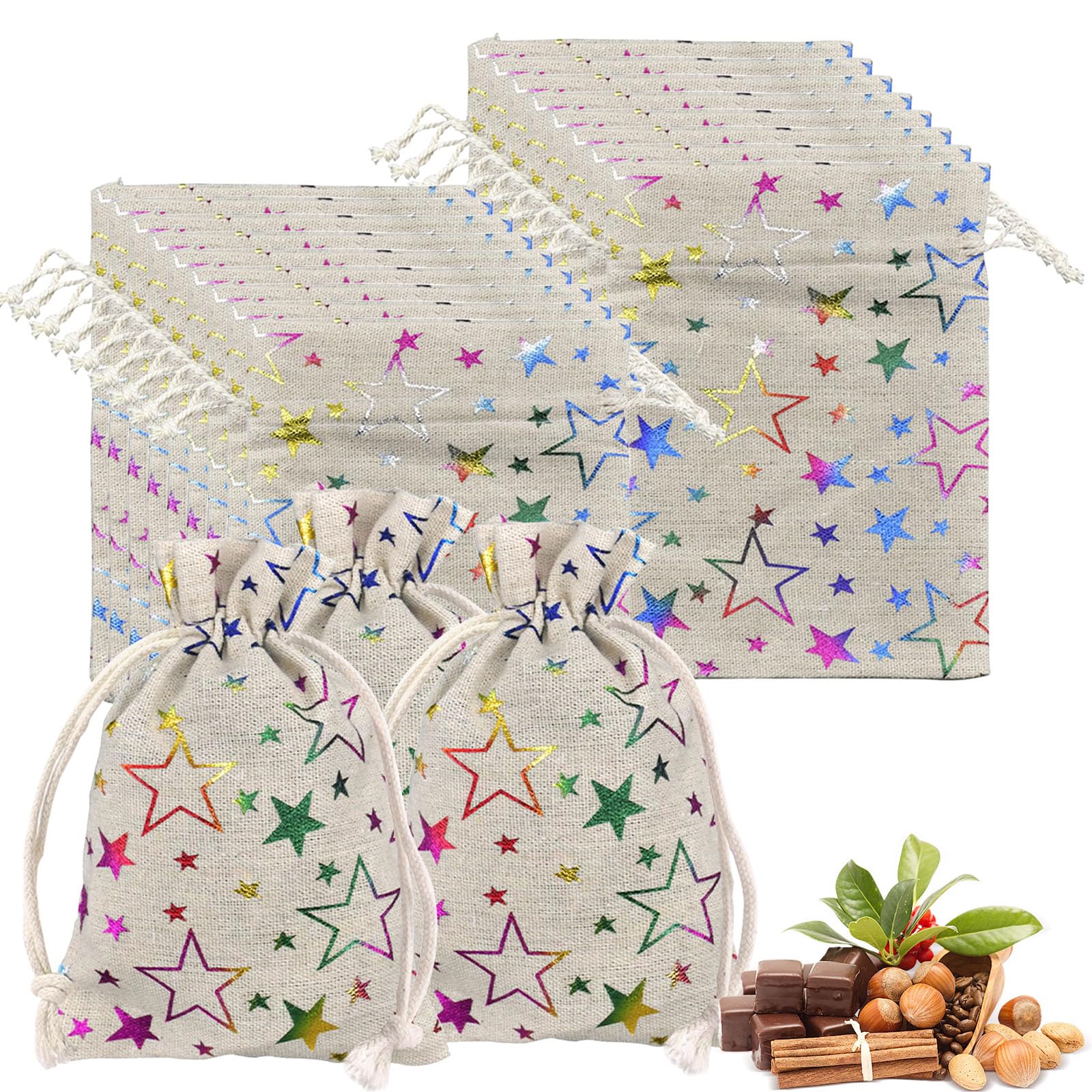 Jute Burlap Bags, 20Pcs 20x25cm Burlap Bag with Drawstring, Hessian Gift Bags, Star Print Linen Burlap Bag Mini Gift Bags for Wedding Birthday Party DIY Craft