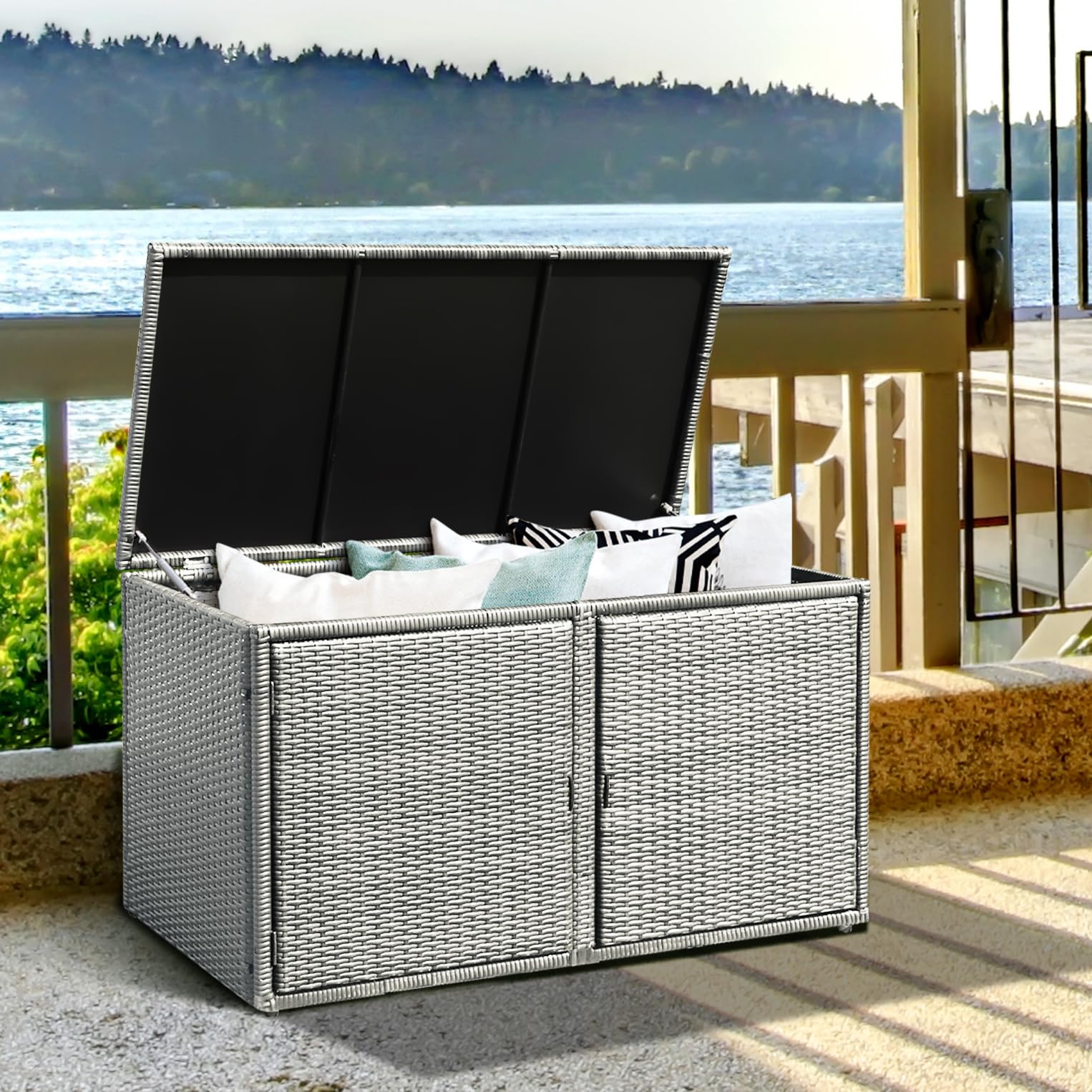 KOMFOTTEU Coffre de Rangement en Rotin avec double Portes et Couvercle, Armoire de Jardin 2 Étages, 115 x 60 x 65 cm, gris