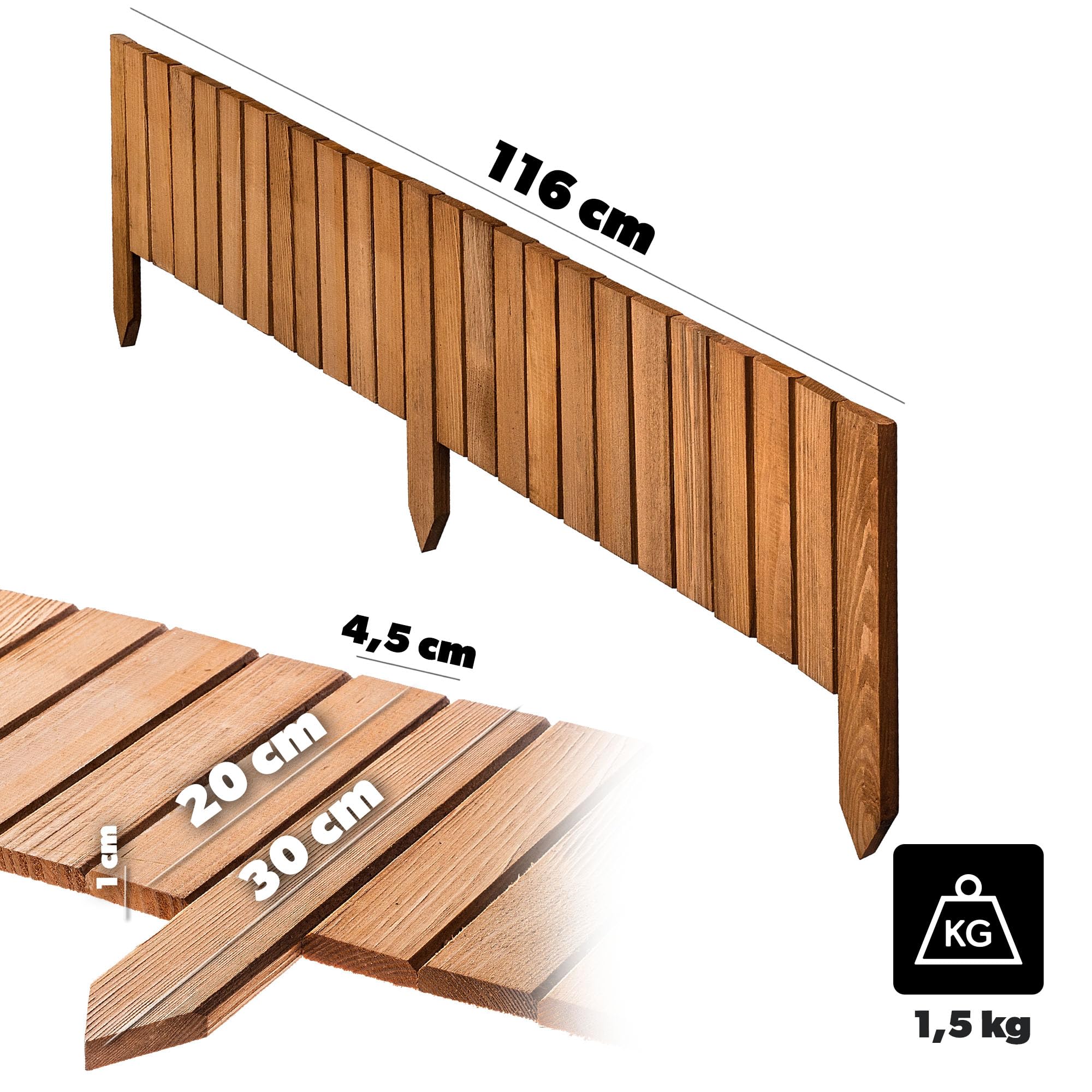 KADAX Borde para césped de madera, 116 x 20 cm, enmarcado de bancal, delimitación de jardín, valla de madera flexible, valla de jardín, valla para jardín, delimitación de bancal flexible, borde de