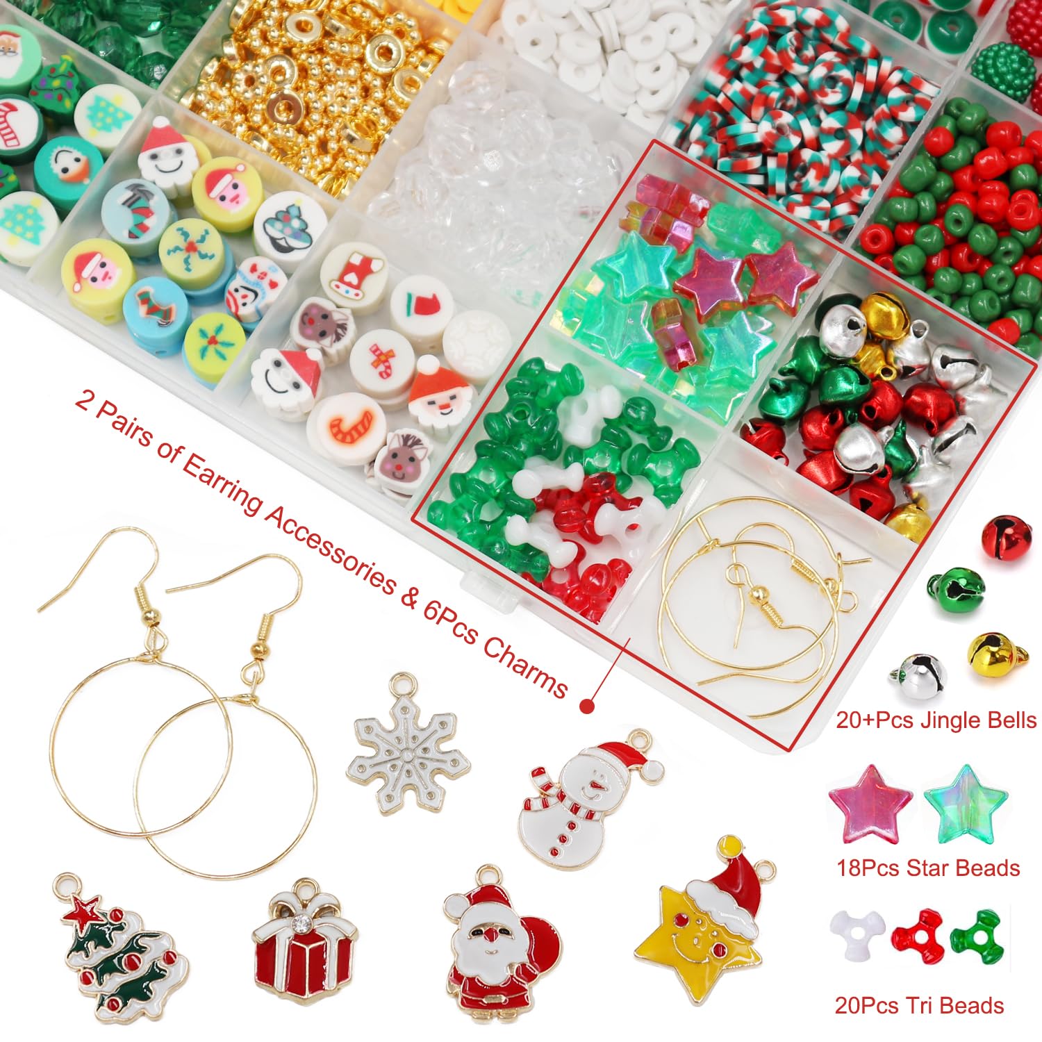 Ganepwns Christmas Beads for Bracelet Making Kit Clay Beads Green Red Star Beading Set for Jewelry Making DIY Craft Girls Friendship Gifts - Image 3