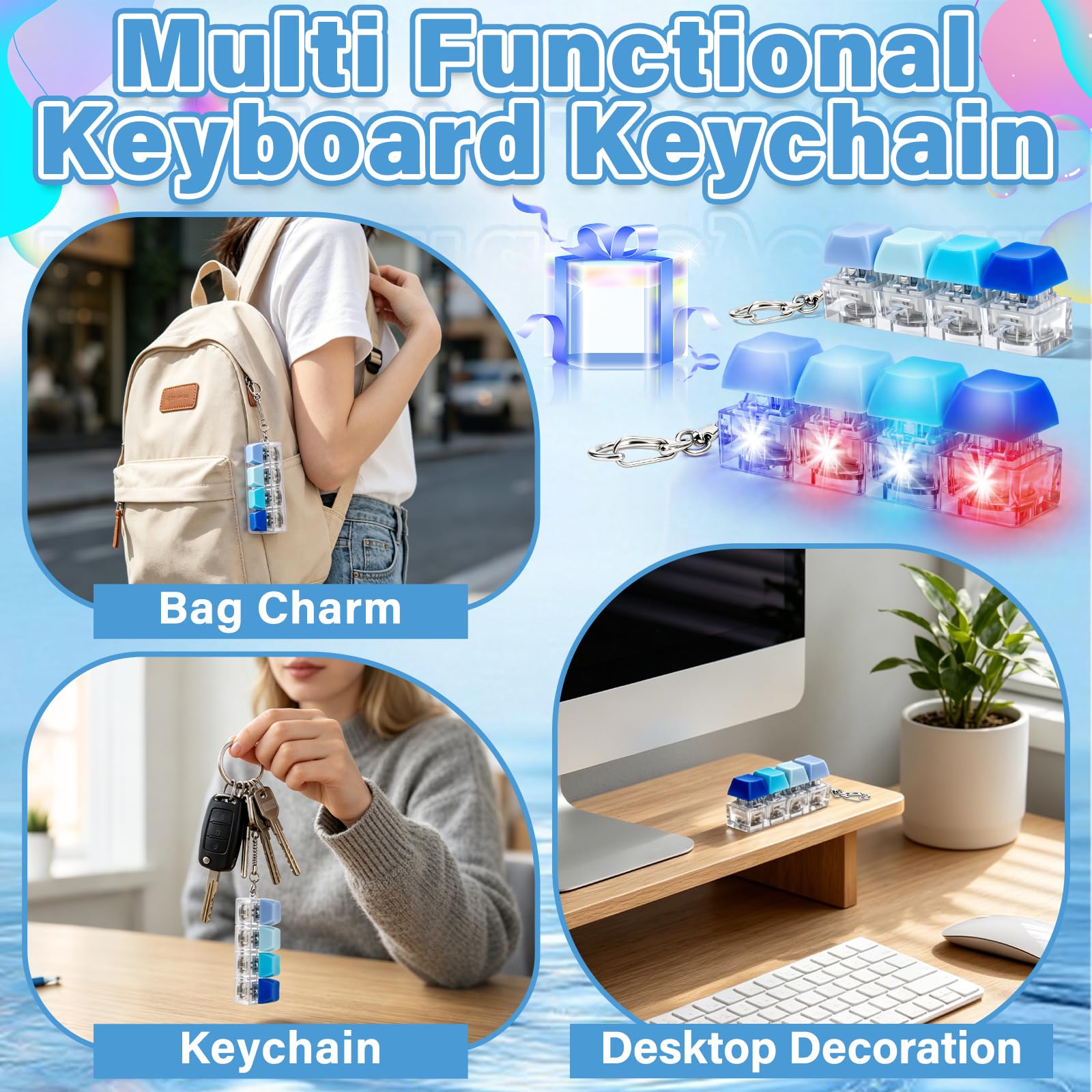 Zabawka Fidget Toys, 2 sztuki, zabawne, kolorowe zabawki fidget dla dorosłych ze światłem LED, klawiatura Fidget Keyboard, breloczek do kluczy, antystresowe, zabawka do strachu, biura, szkoły, podróży