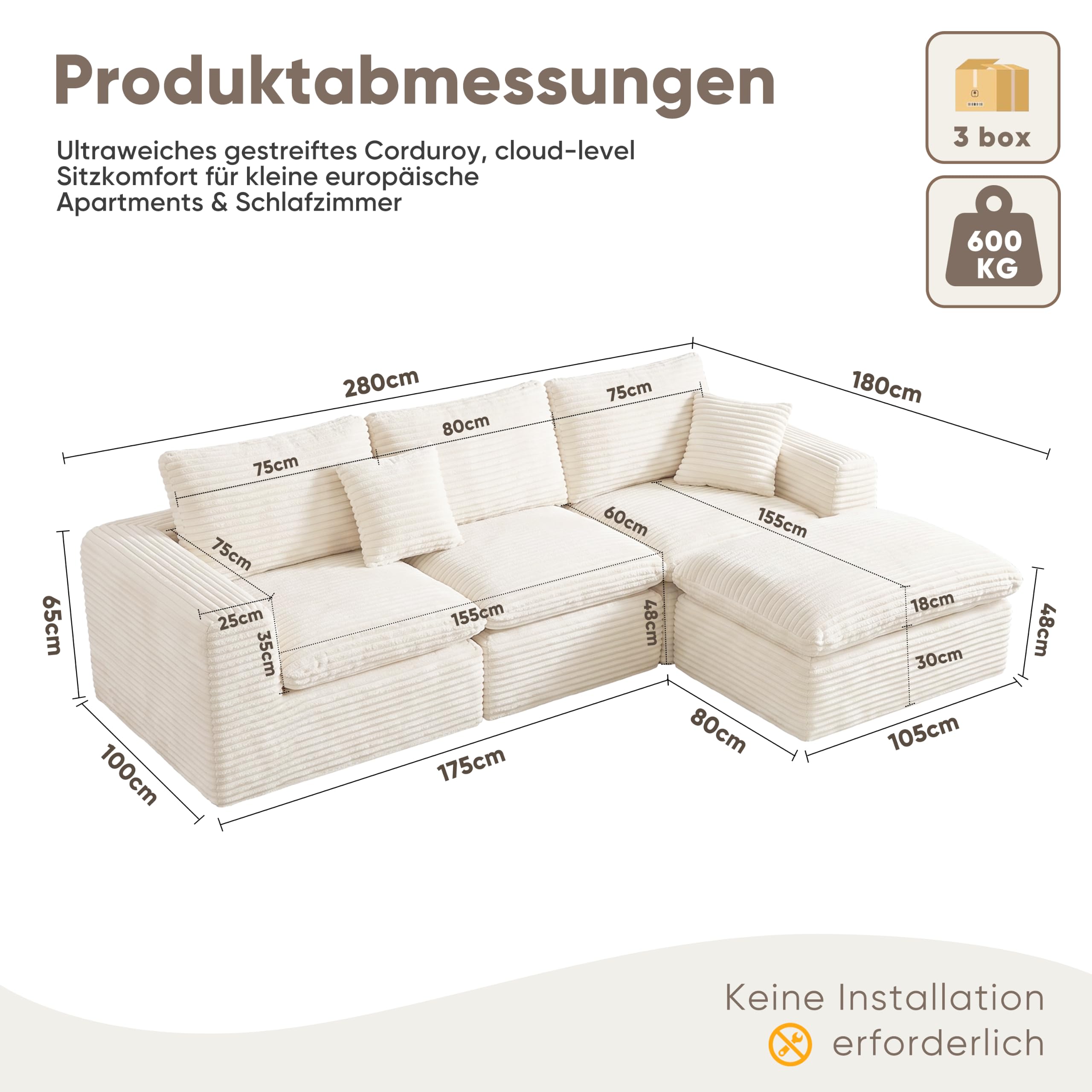 Divano a forma di L, moderno divano modulare imbottito, senza montaggio, adatto per il soggiorno (bianco, 340 cm)