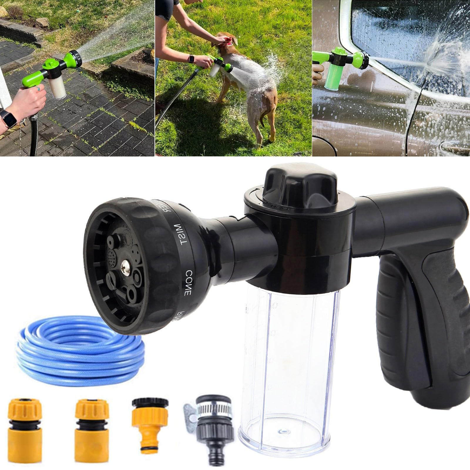 Pistolet do mycia pod wysokim ciśnieniem, lanca do pianki śnieżnej, zestaw do mycia samochodu z 8 regulowanymi modelami zraszania, dysza węża ogrodowego (czarna)