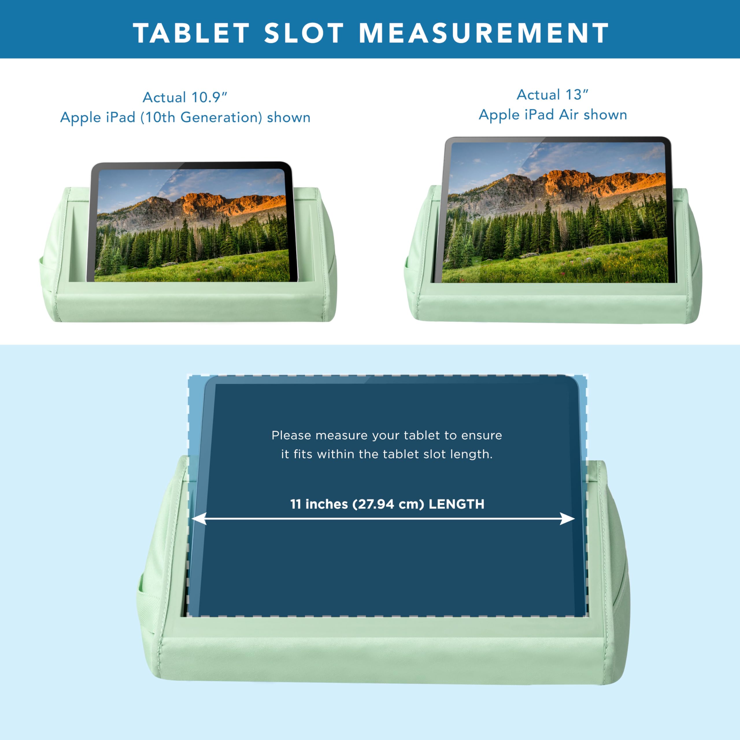 LAPGEAR Tablet-Ständer – Platz für iPad, Galaxy Tabs, Kindle, E-Reader und Handys, gepolsterter Ständer mit Aufbewahrungstasche und Griff, Salbeigrün, Stil Nr. 33101