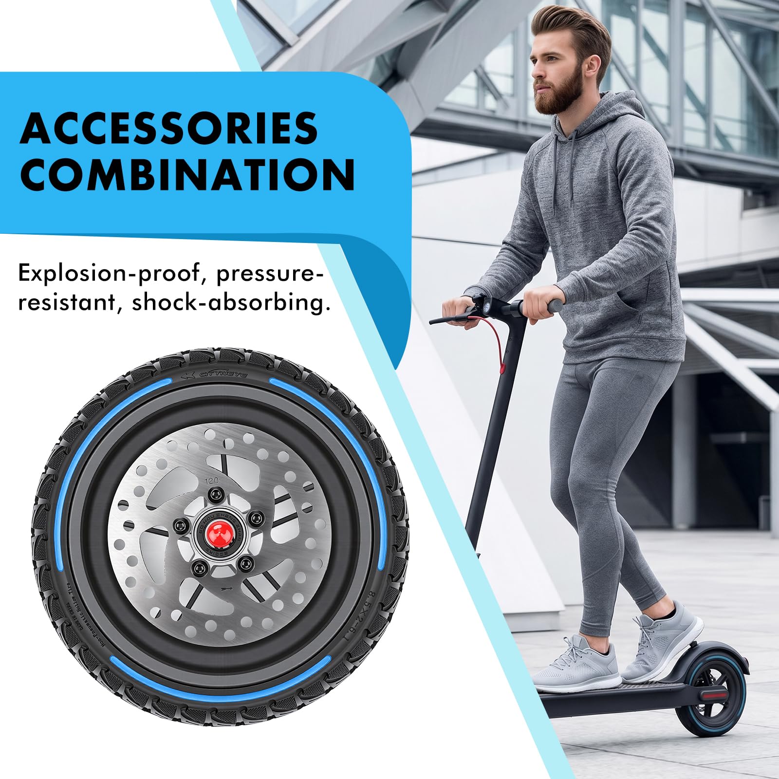BuyWeek Roue arrière de trottinette électrique en caoutchouc plein avec frein à disque de 120 mm pour Xiaomi M365 PRO, anti-explosion, résistant à la pression, amortisseur de chocs