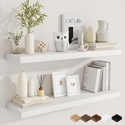 Miniatura 22 de Fun Memories Estantes flotantes para pared, estantes de pared de madera rústica de 24 pulgadas para baño, dormitorio, sala de estar, estantes Negro,