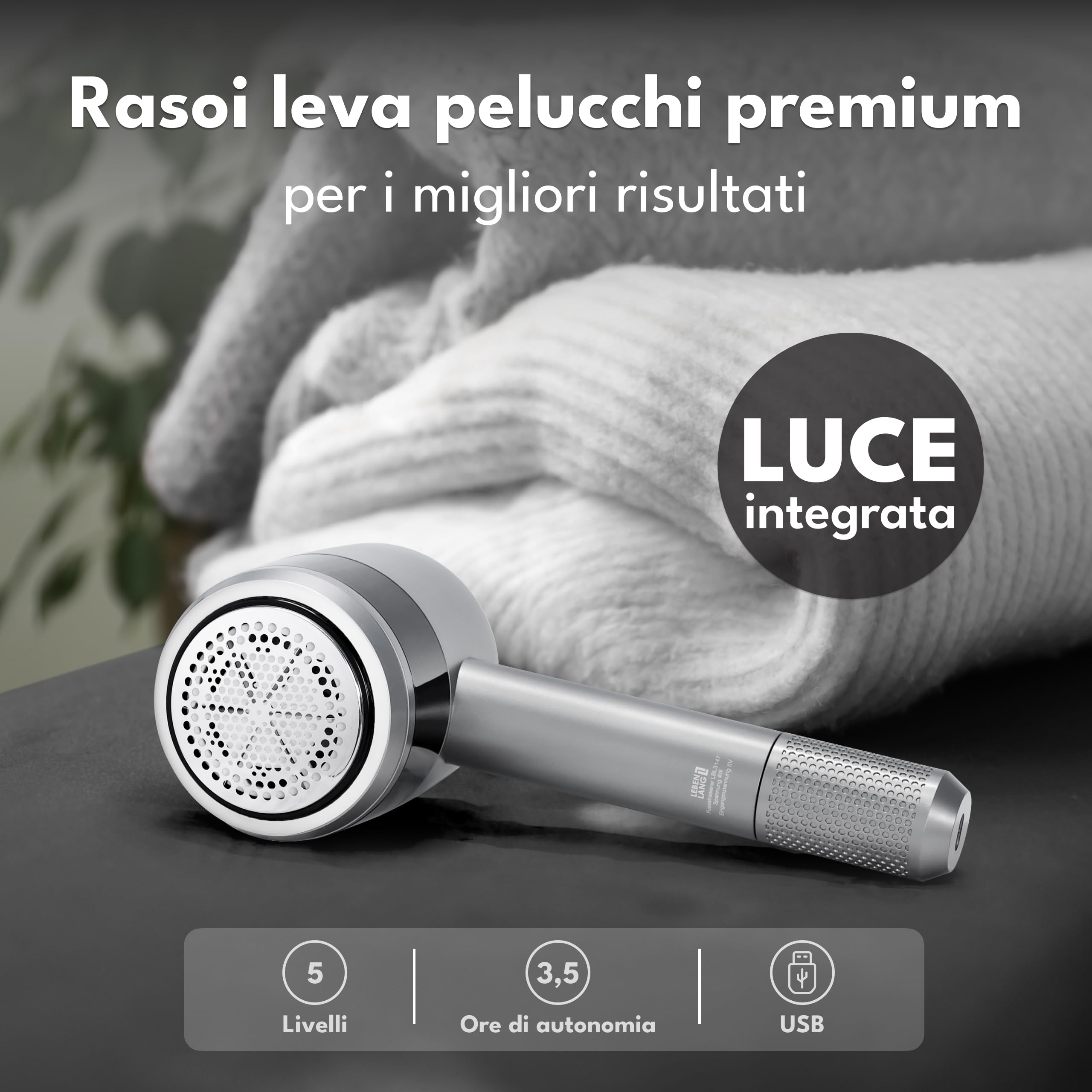 LEBENLANG Premium Leva pelucchi elettronico ricaricabile 4000mAh - 5 modalità & 3,5h di autonomia I Incl. torcia & display LED I Levapelucchi lana elettrico Togli pallini maglioni Lint remover Rimuovi