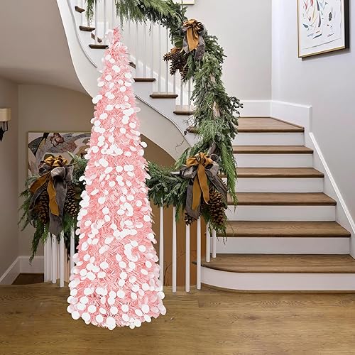 Miniatura 3 de MACTING Árbol de Navidad de oropel desplegable de 5 pies con luces, árbol de lápiz costero brillante de fácil montaje para el hogar, fiestas,
