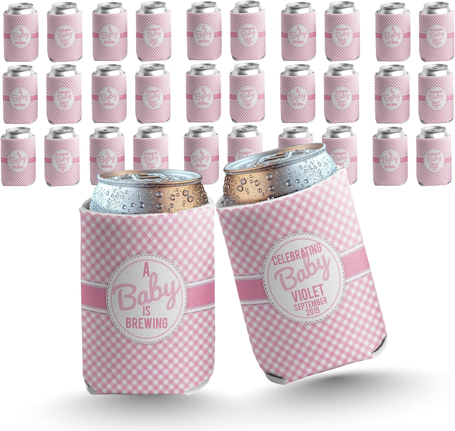 VictoryStore Custom Baby Shower Can Coolers – A Baby is Brewing Pink Baby Girl Design – Personalized Set of 12 – Party Favors for Drinks – Fits 12–16 oz Cans & Bottles