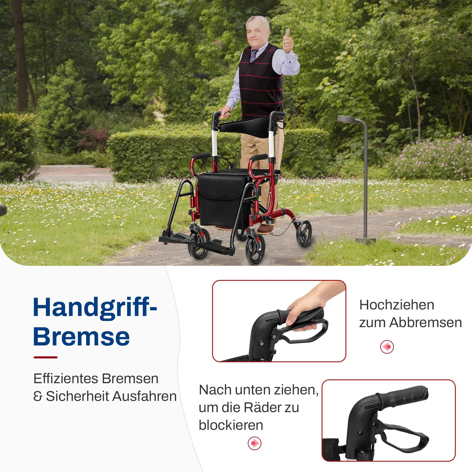 COSTWAY Rollator faltbar und leicht mit Sitz, 2 in 1 Rollstuhl & Reiserollator, Gehhilfe 6-fach höhenverstellbar, Gehwagen mit Tasche & Bremse & Stockhalter, Aluminium, klappbar für Senioren (Rot)