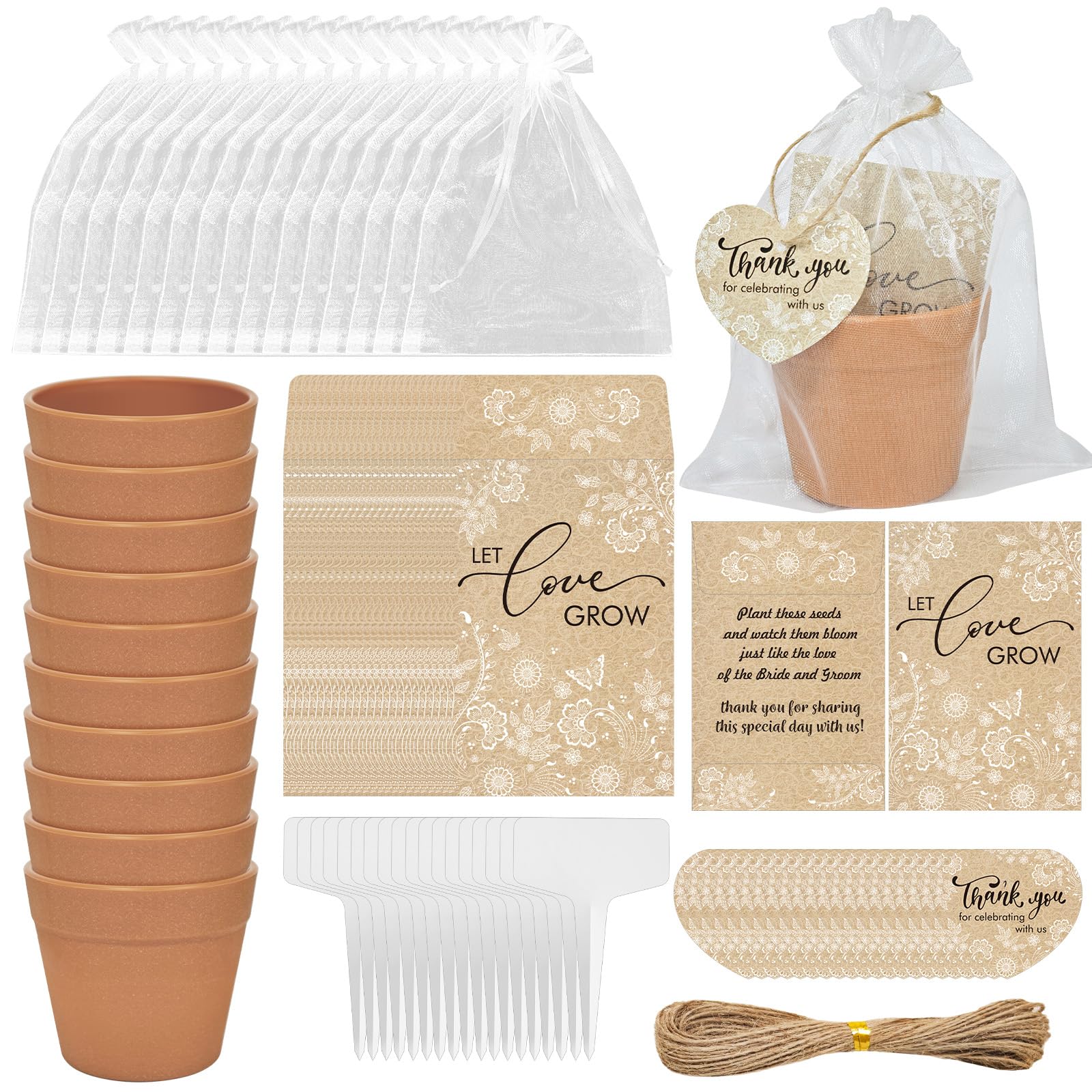 Cinrobiye 50 Sets Let Love Grow Wedding Favors for Guests Seed Packet Bags (Seed Not Include) with Tags & Labels Flowerpot for Bridal Shower Party Favors Bulk Wedding Souvenirs for Guests(Retro)