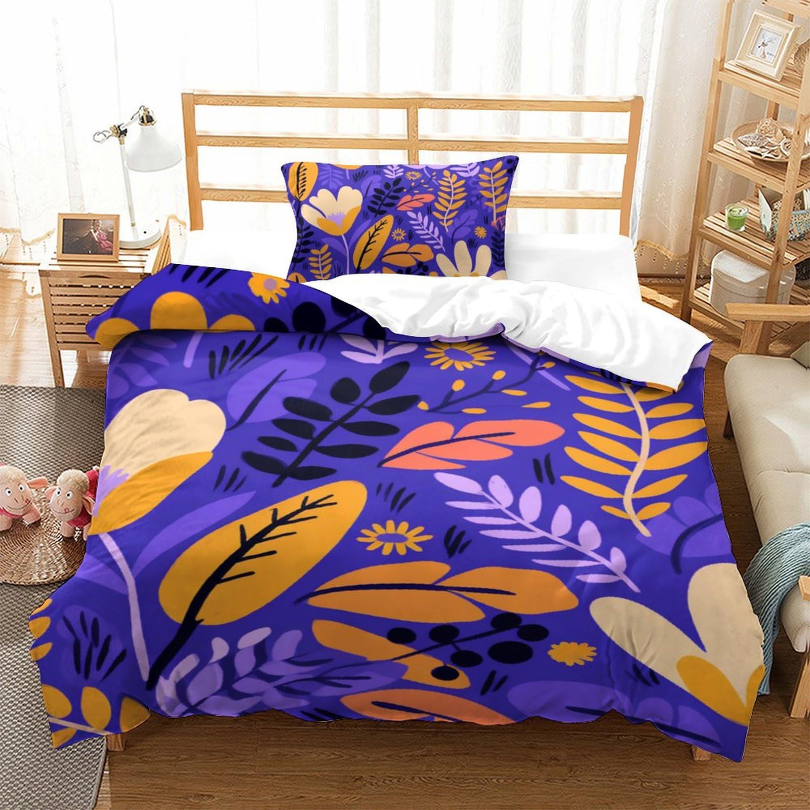 Housse de couette 135x200cm fleurie 3D en microfibre avec deux taies d'oreiller pour lit single