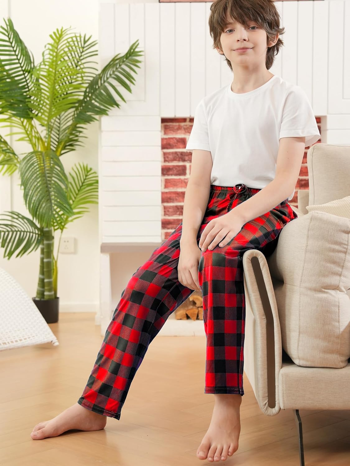 Cooraby Boys Plaid Pants Boys Girls Printed Plaid Pants with Pockets Drawstring Elastic Waist for Christmas - Image 4