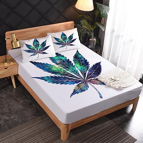 Miniatura 2 de Juego de sábanas tamaño Queen, sábanas de hoja de marihuana de cannabis, microfibra suave, bolsillo profundo, sábanas y fundas de almohada