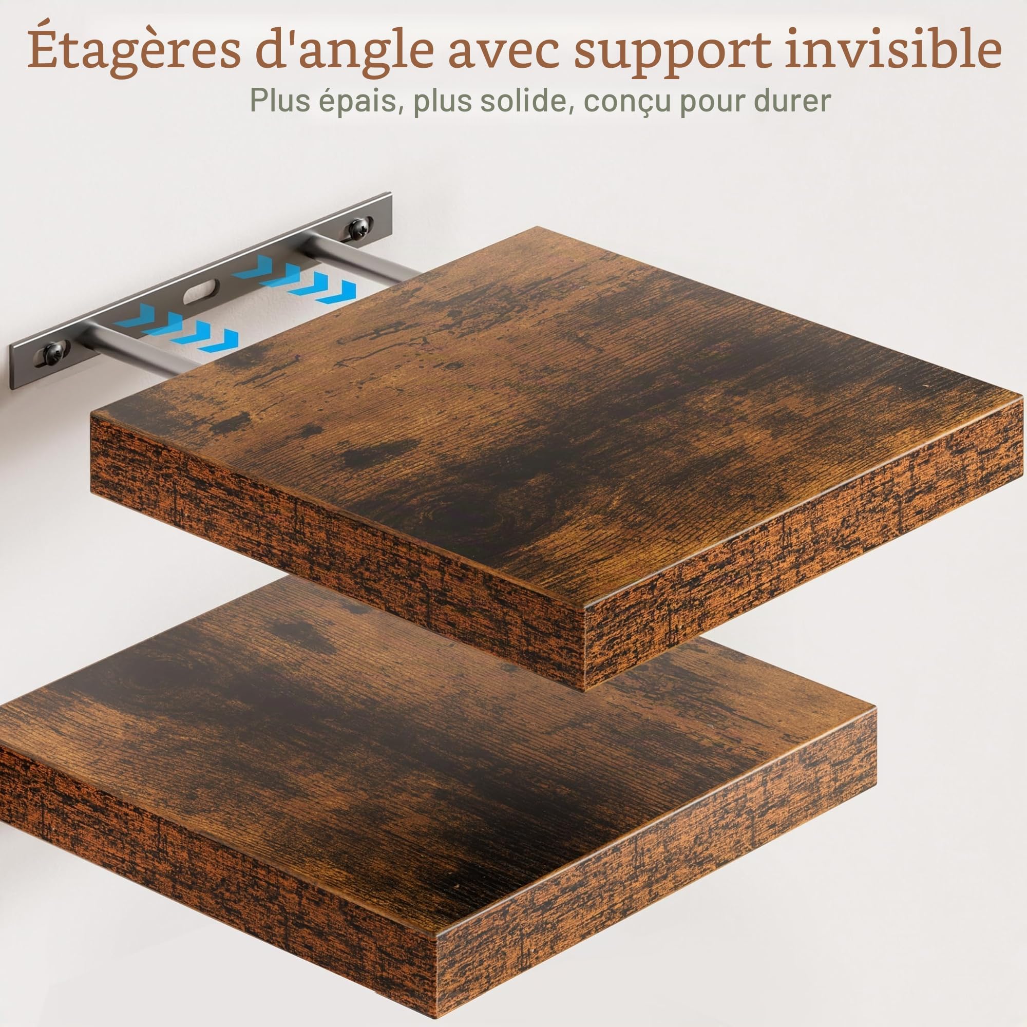 Étagères Murales Flottantes Lot de 4 (25 x 25 x 3,8 cm) | Étagère en Bois avec Fixation Invisible, pour Salle de Bain, Chambre, Cuisine, Toilettes, Salon et Livres (Marron)