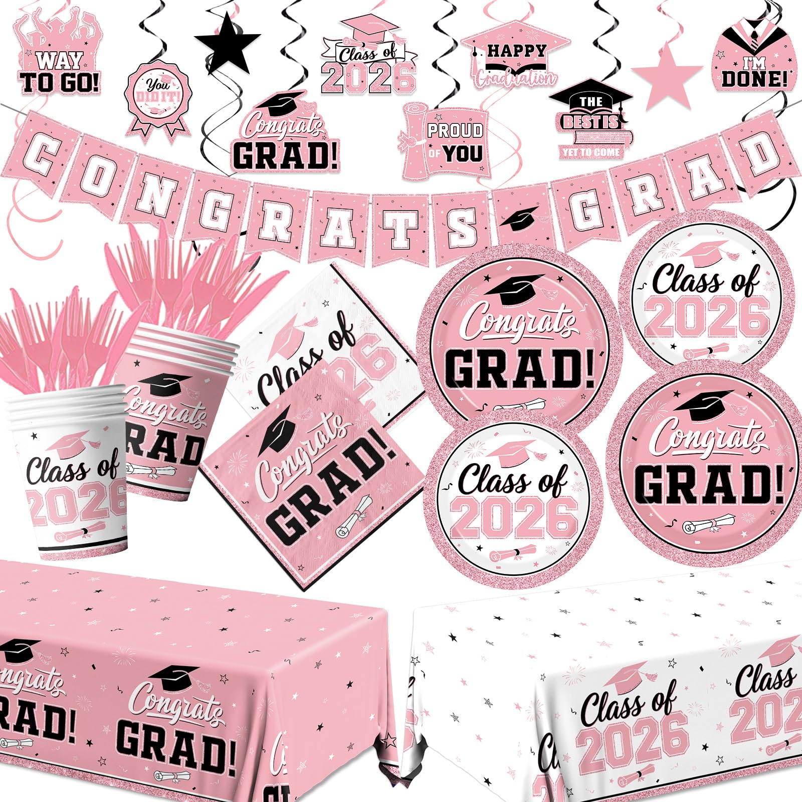 Pink Graduation Decorations Dinnerware Set Class of 2026 Decorations Pink and White Graduation Plates and Napkins Cups Tablecloth Banner for 2026
