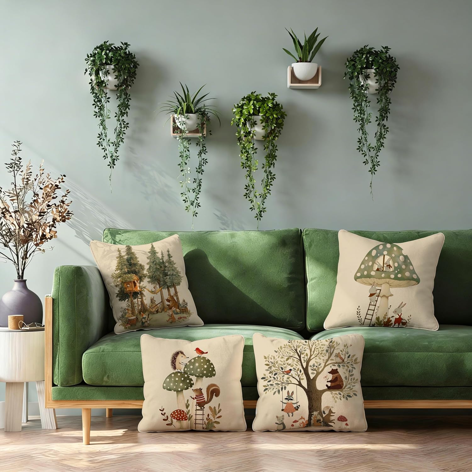 Whimsical Forest Animal Kids Pillow Cover 18x18 Double-Sided Set of 4, Boho Cottagecore Tree Mushroom Throw Pillow Cover Case for Nursery Kids Bedroom Playroom