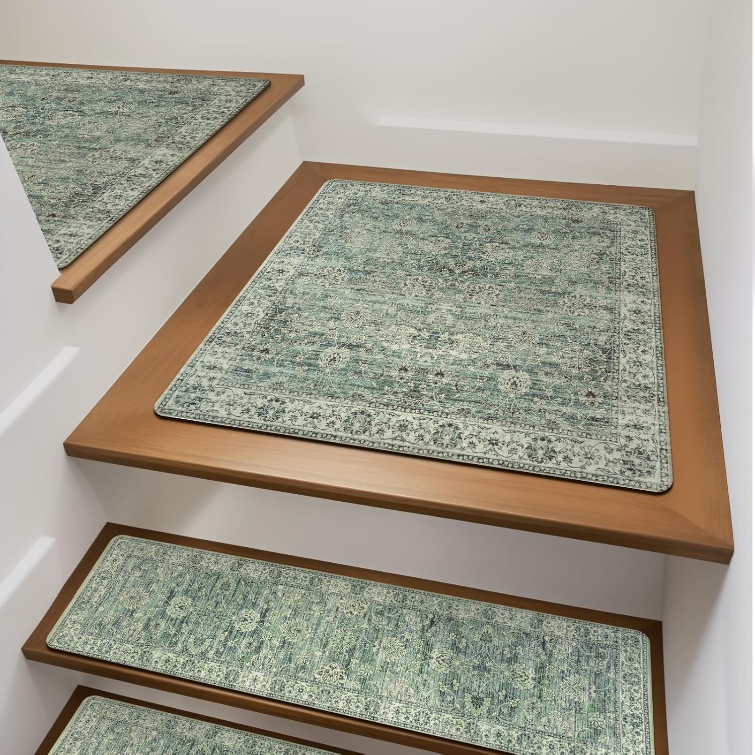 OJIA Stair Treads Non-Slip Matching Mat for Wooden Steps, Square Capet Stair Treads Rubber Backing Stair Runner Anti-Slip Stair Landing Mat 31x31 Inch Stair Rugs 2'7" x 2'7" Green 1