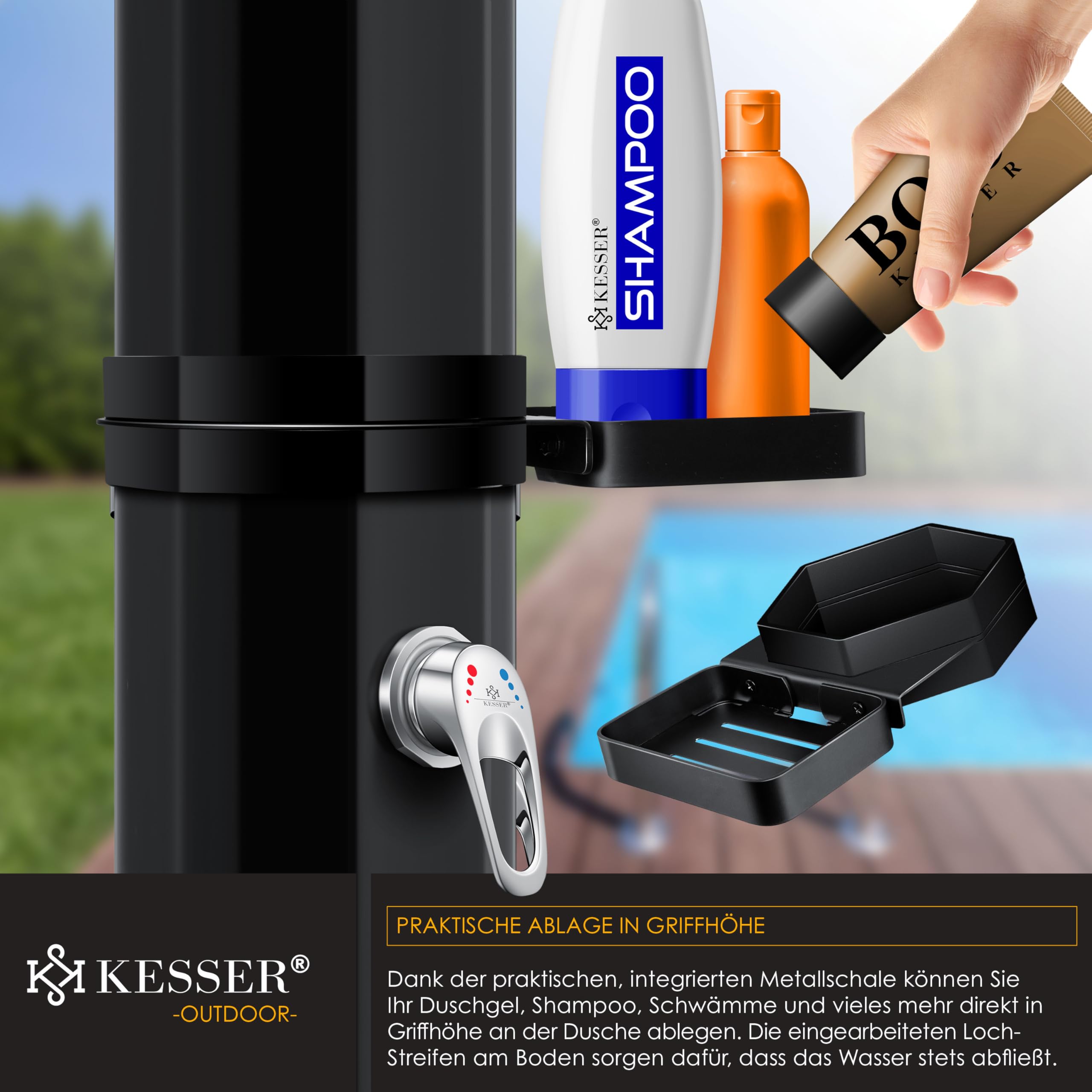 KESSER® Solardusche 60L Gartendusche, Solar Dusche für Garten & Pool mit warmem Wasser, Pooldusche ohne Strom, Regenduschkopf & Wasserhahn mit Gartenschlauch-Anschluss + Ablage, Schutzhaube