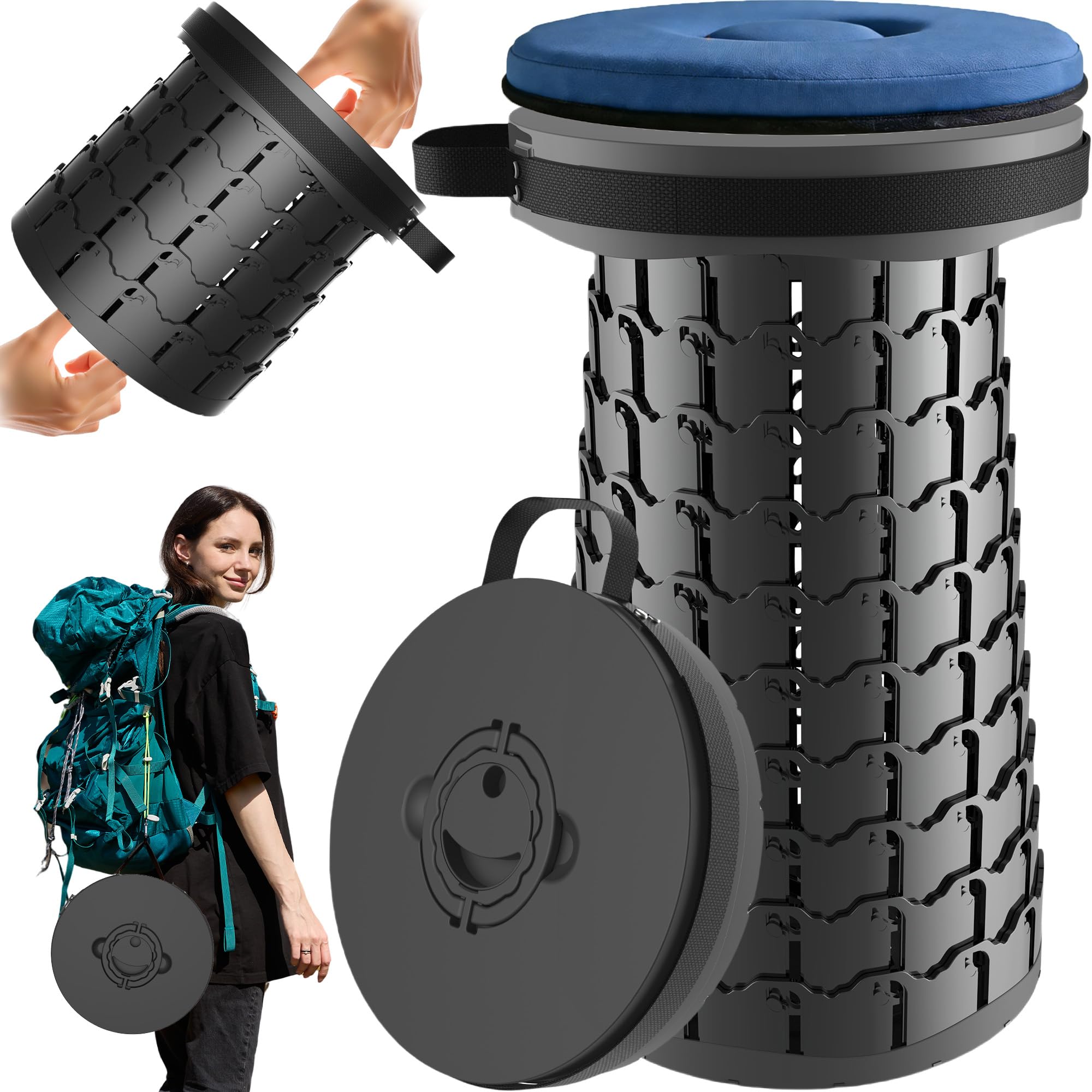 Upgrade XXL Collapsible Stool mit Kissen, tragbare Hocker für Erwachsene, stabilerer Klappstuhl mit Ladungskapazität 1000 Pfund, einziehbarer Campinghocker für Outdoor, Wandern, Reisen