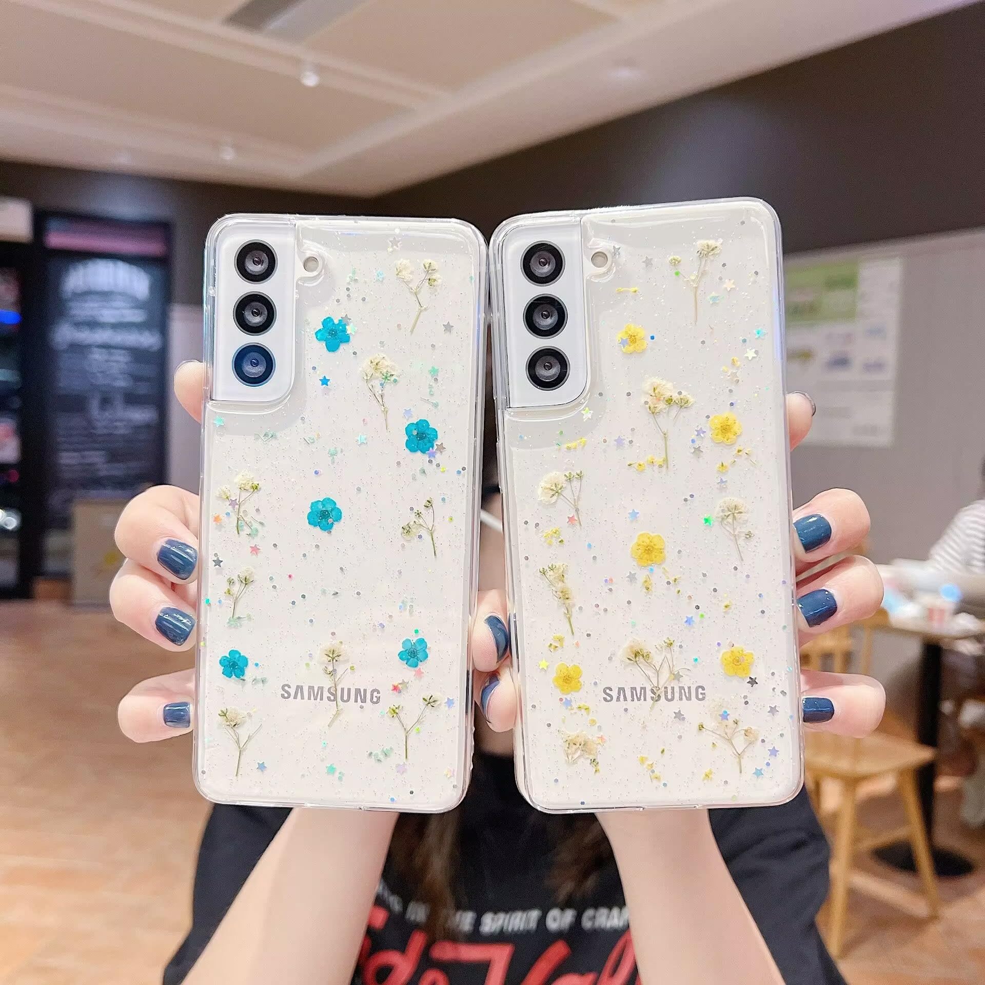 DasKAn for Samsung Galaxy S23 FE Real Flower Clear Case, Glitter Pressed Floral Design Ultra Slim Soft Rubber Bumper Anti Drop Shockproof Silicone Gel TPU Protective Phone Cover, Yellow Flowers