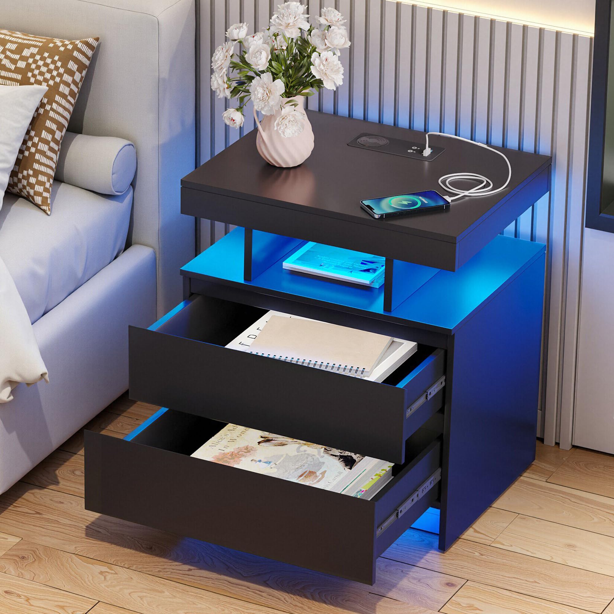 Vlsrka LED Table de Chevet avec Station de Charge & USB | Table de Nuit Intelligente avec 3 couleurs d'éclairage, Moderne Chevet de lit bois avec 2 tiroirs, Chambre à Coucher, Noir