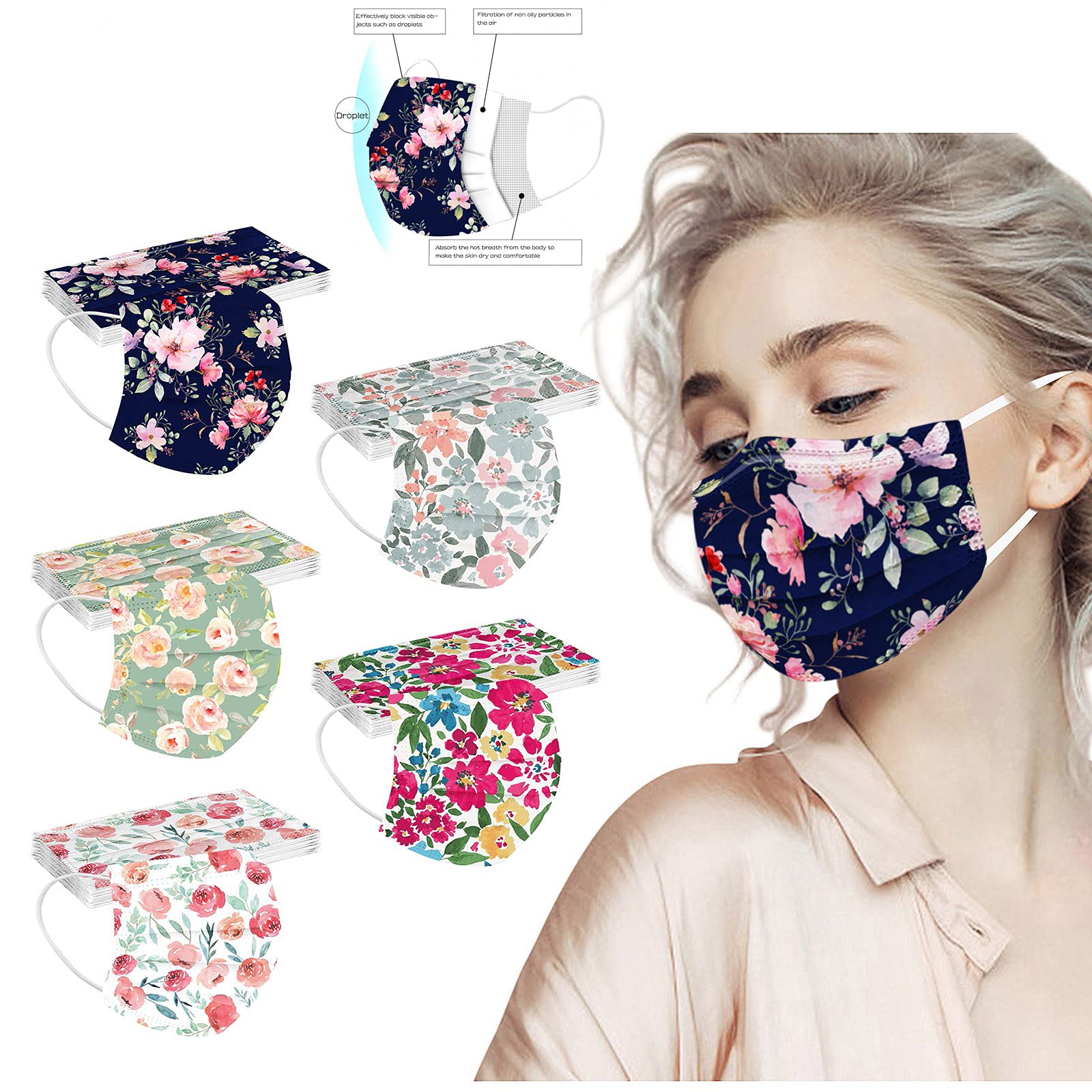 HEALT 50PC Flower Disposable Face_Masks with Designs for Spring Summer, 3-Ply Floral Facemasks with Nose Wire for Women Men, Multicolor