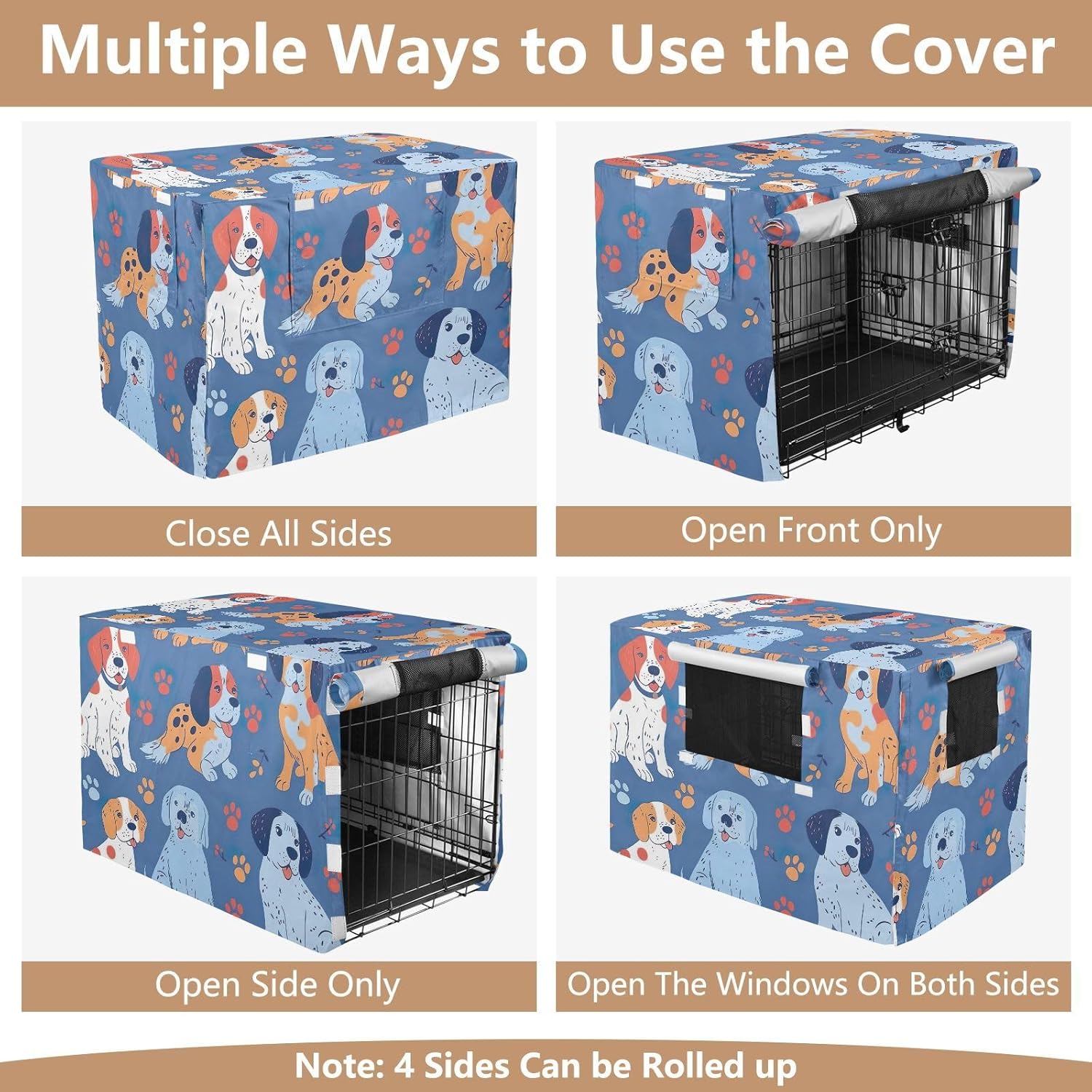 Cute Dogs Dog Crate Cover Easy to Install, Pet Cage Cover with Mesh Windows, Large