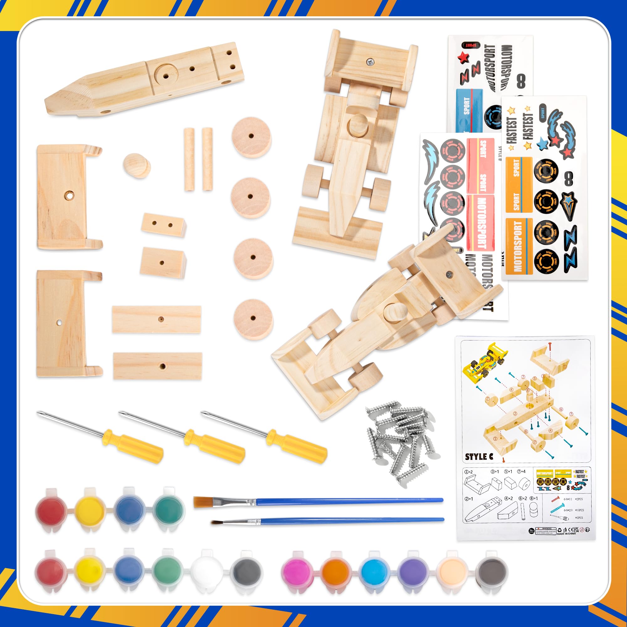 AsyinXson Kit Bricolage Voiture De Course En Bois Pour Enfants - 3 Pièces à Peindre Et Assembler Dès 5 Ans