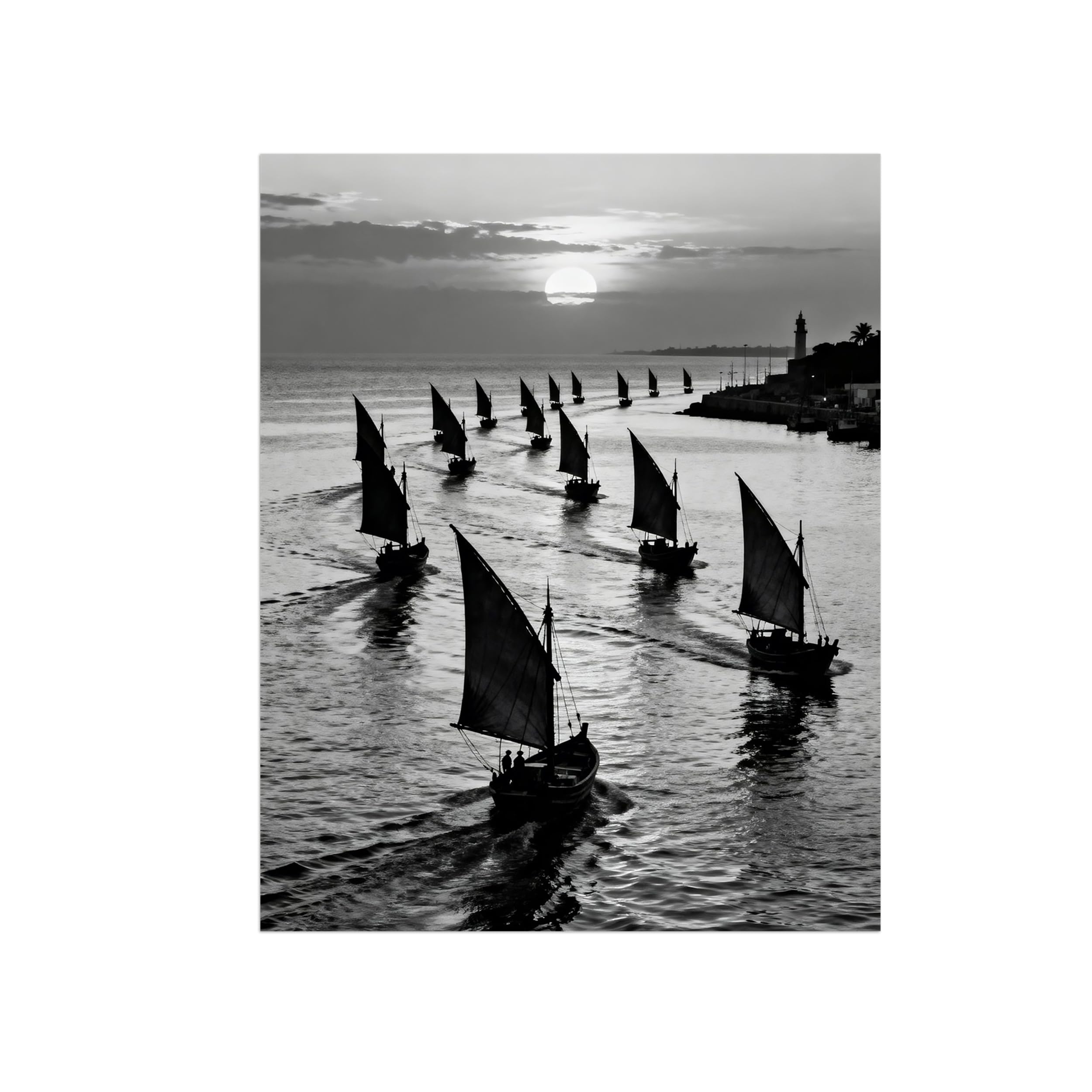 OZPWBVY Black White Landscape Wall Art. Sea Boat. Picture 80x105cm Framed