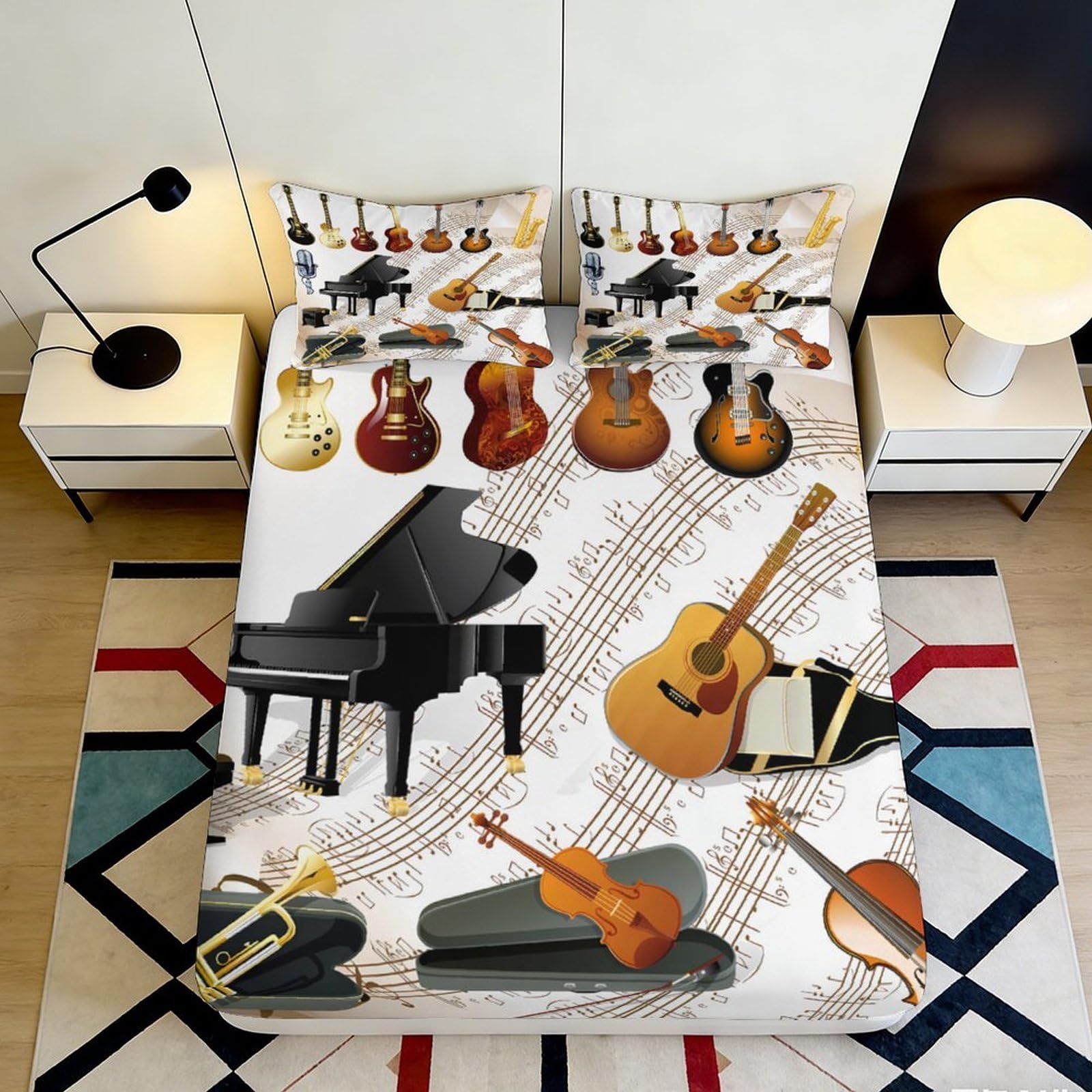 3D Printed Musical Instruments Fitted Sheet Microfiber Soft Breathable Piano Guitar Bed Cover Bedroom Decor 90x200x25cm