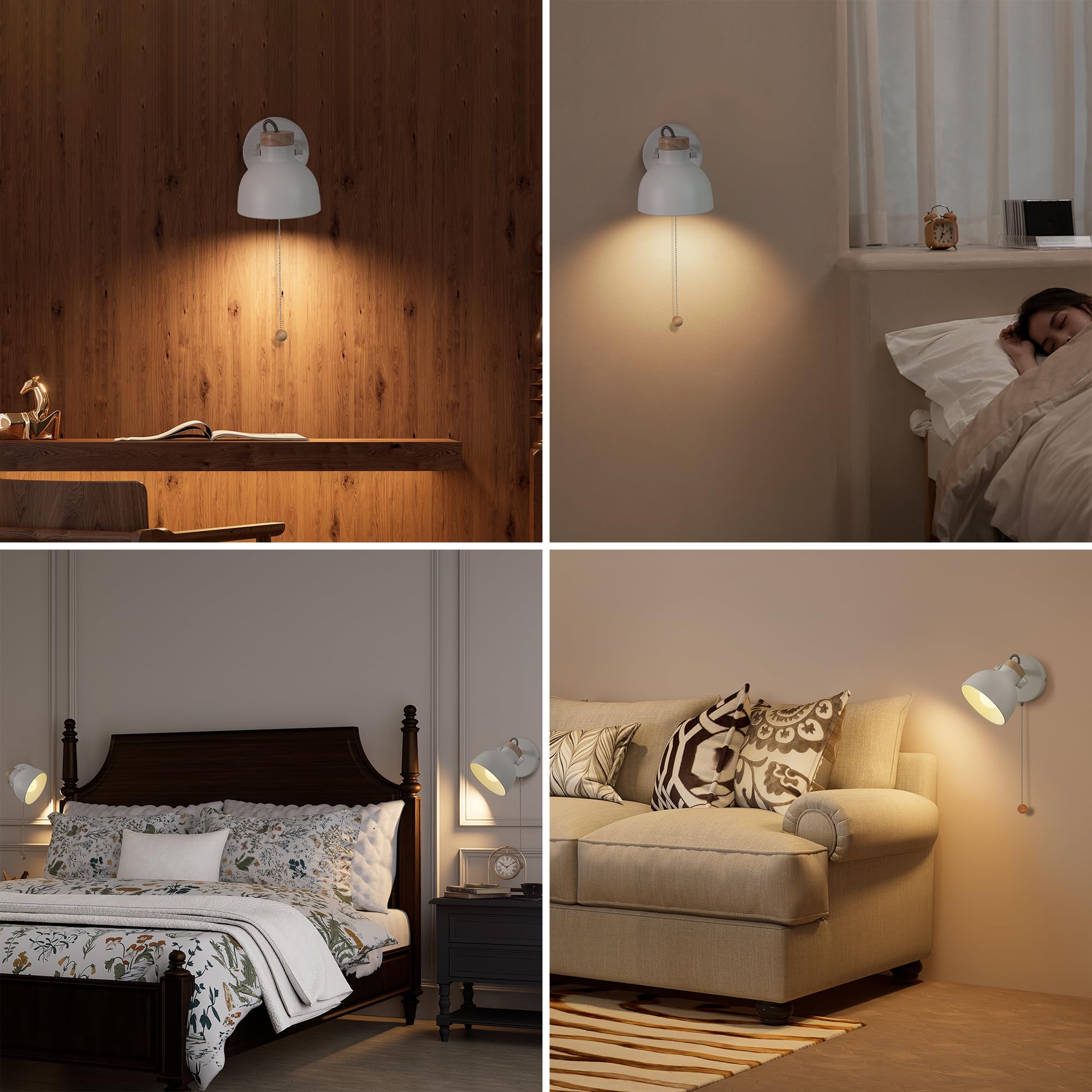 Aisilan Wandlampe mit Schalter Innen Weiß Vintage, E14 Wandleuchte aus Holz und Metall 350° drehbar 125° schwenkbar, Nachttischlampe Wand für Schlafzimmer Wohnzimmer Flur, ohne Glühbirne